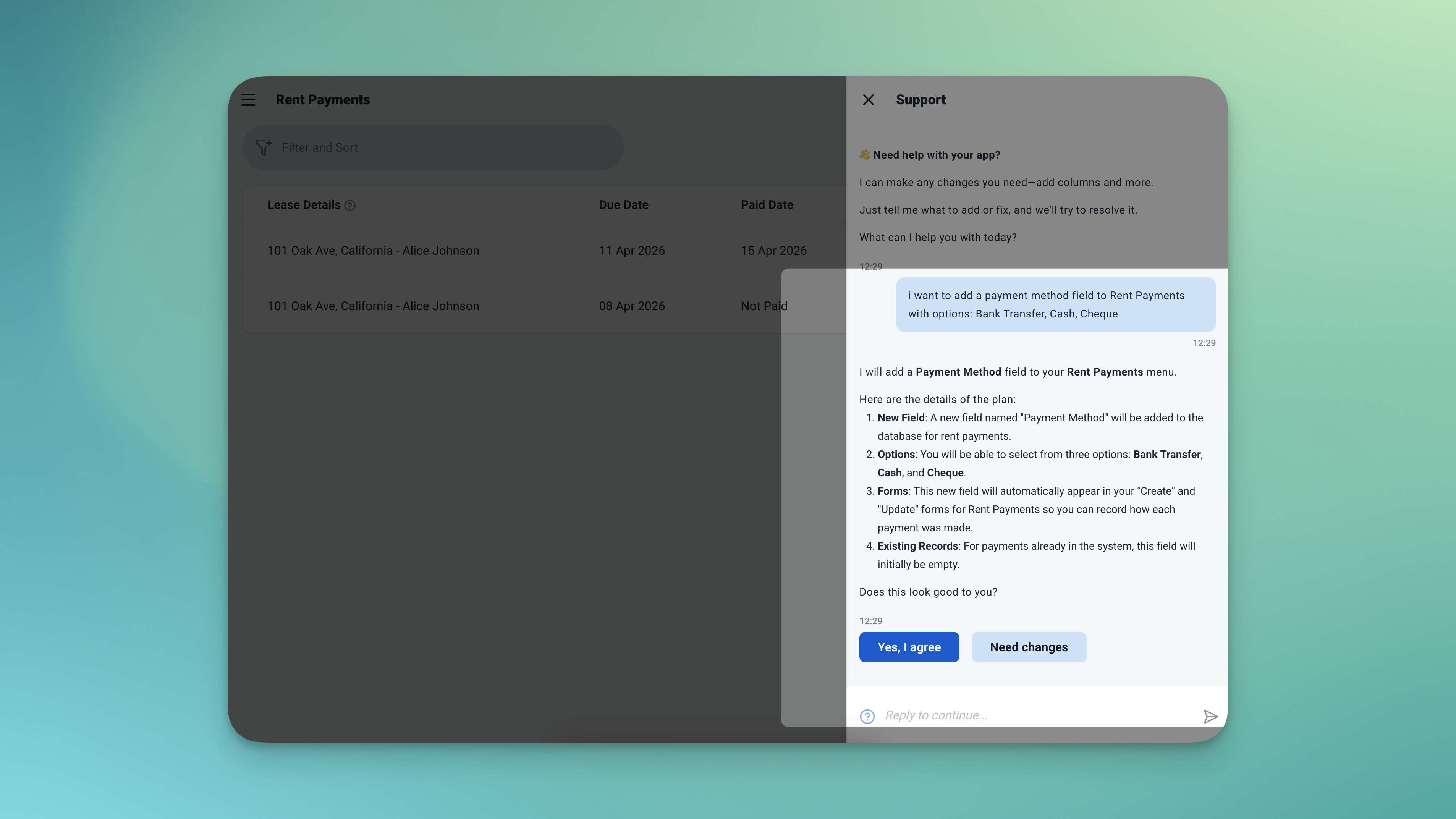 Antarmuka obrolan Ambisius yang menunjukkan permintaan penyesuaian untuk menambahkan bidang metode pembayaran ke Pembayaran Sewa