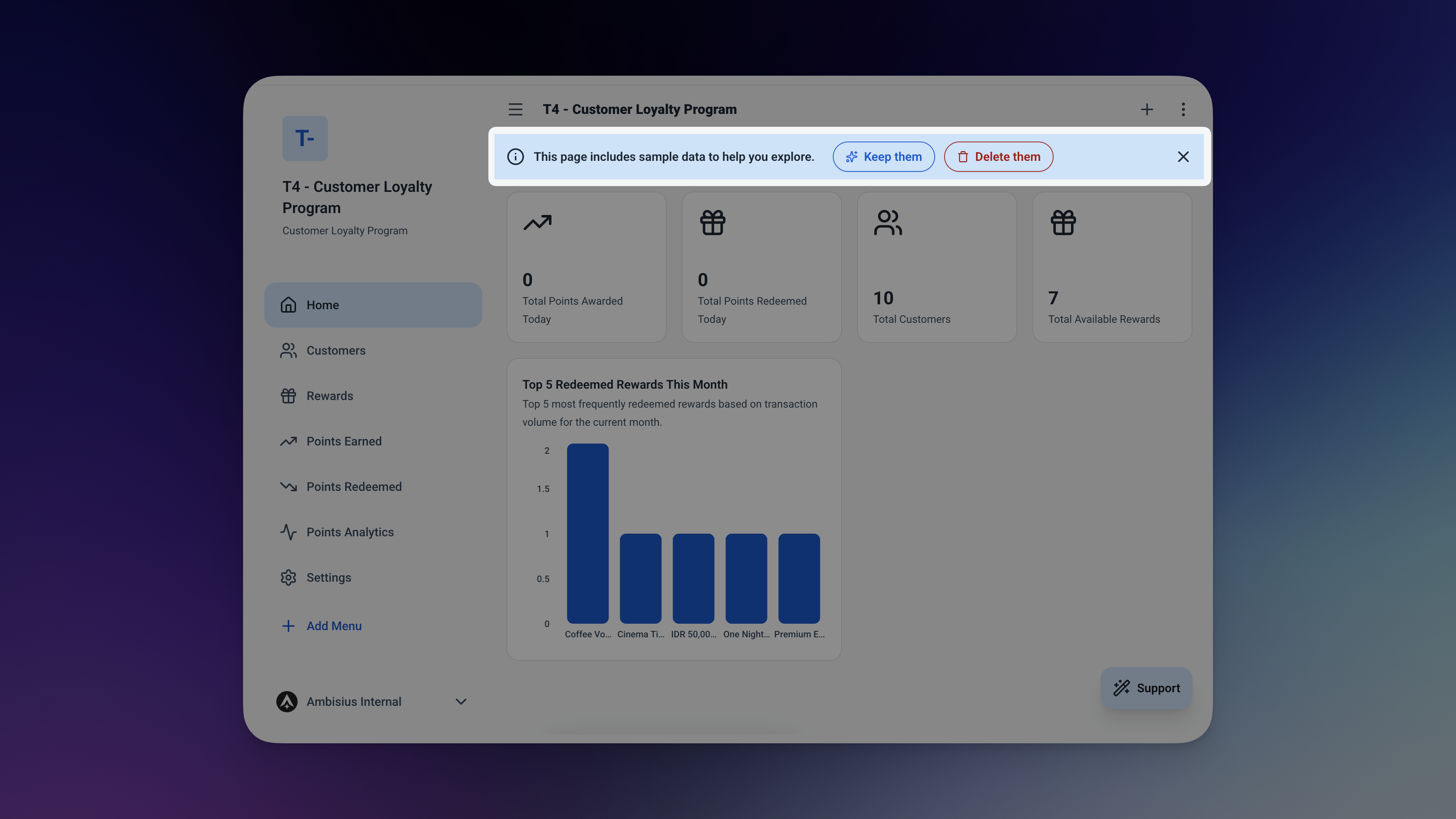 Ambisius duplicated Customer Loyalty Program app showing the Customers table populated with sample data and the Dashboard visible in the sidebar