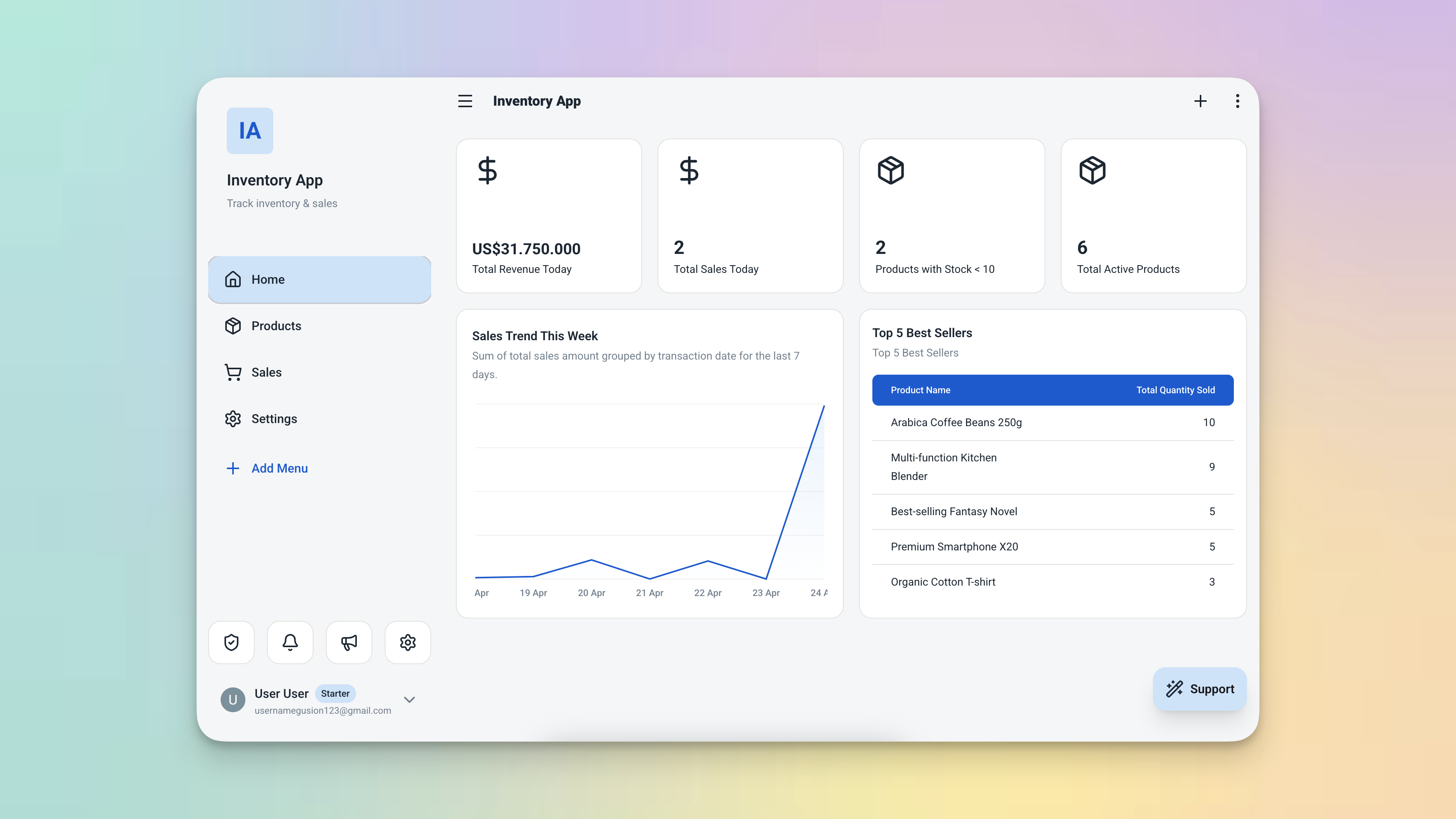 Ambisius fully built inventory app dashboard showing metric cards, sales trend chart, and best sellers table