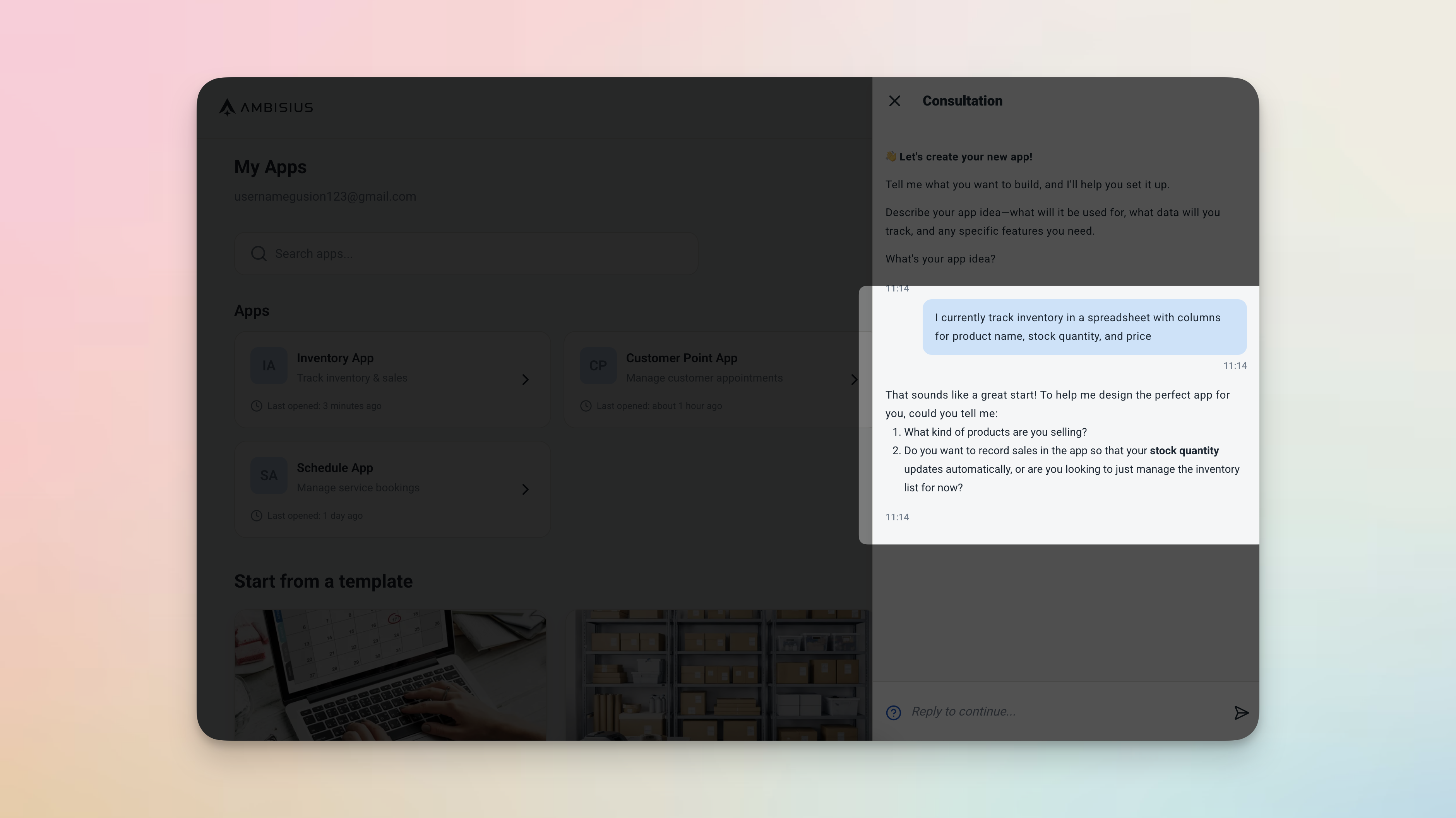 Antarmuka chat Ambisius menunjukkan pengguna menjelaskan setup Google Sheets mereka dan AI membangun aplikasi yang setara