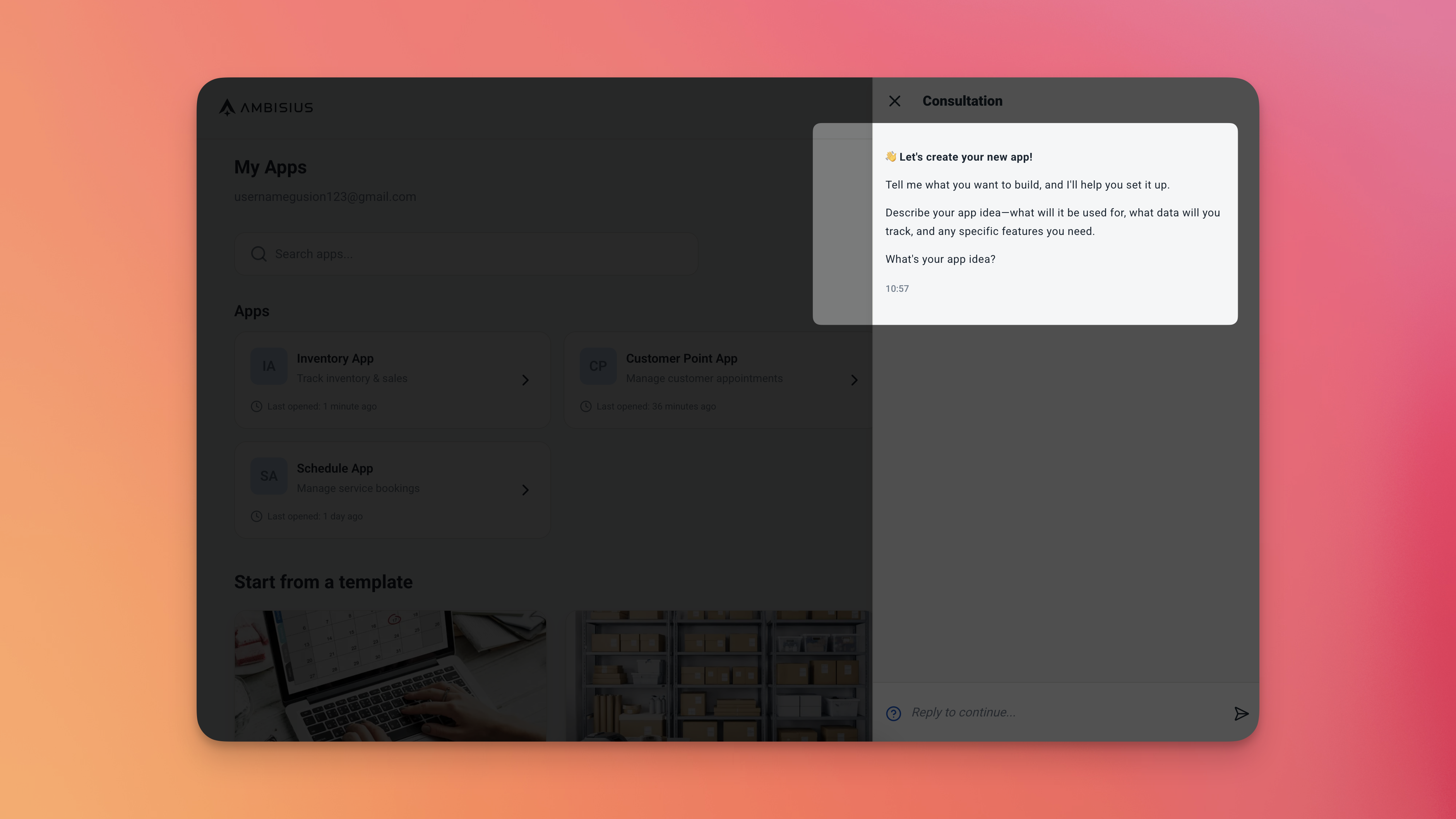 Ambisius onboarding screen showing the AI chat interface prompting the user to describe their business needs
