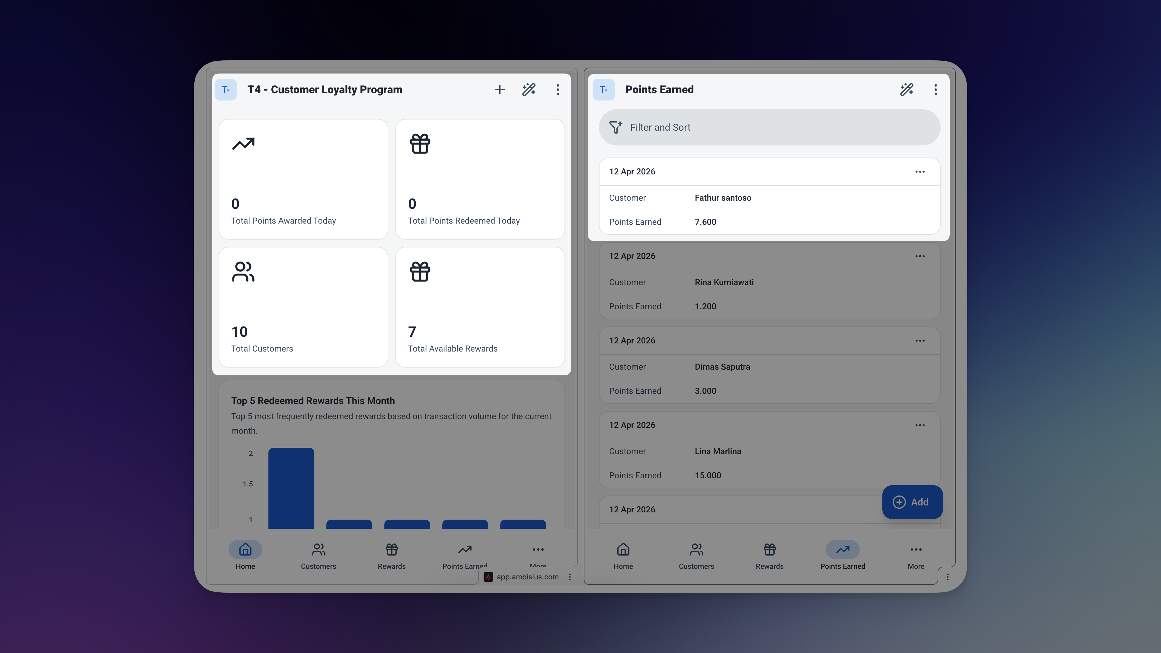 Ambisius Customer Loyalty Program app shown on a mobile phone and tablet side by side, displaying the dashboard and customer list