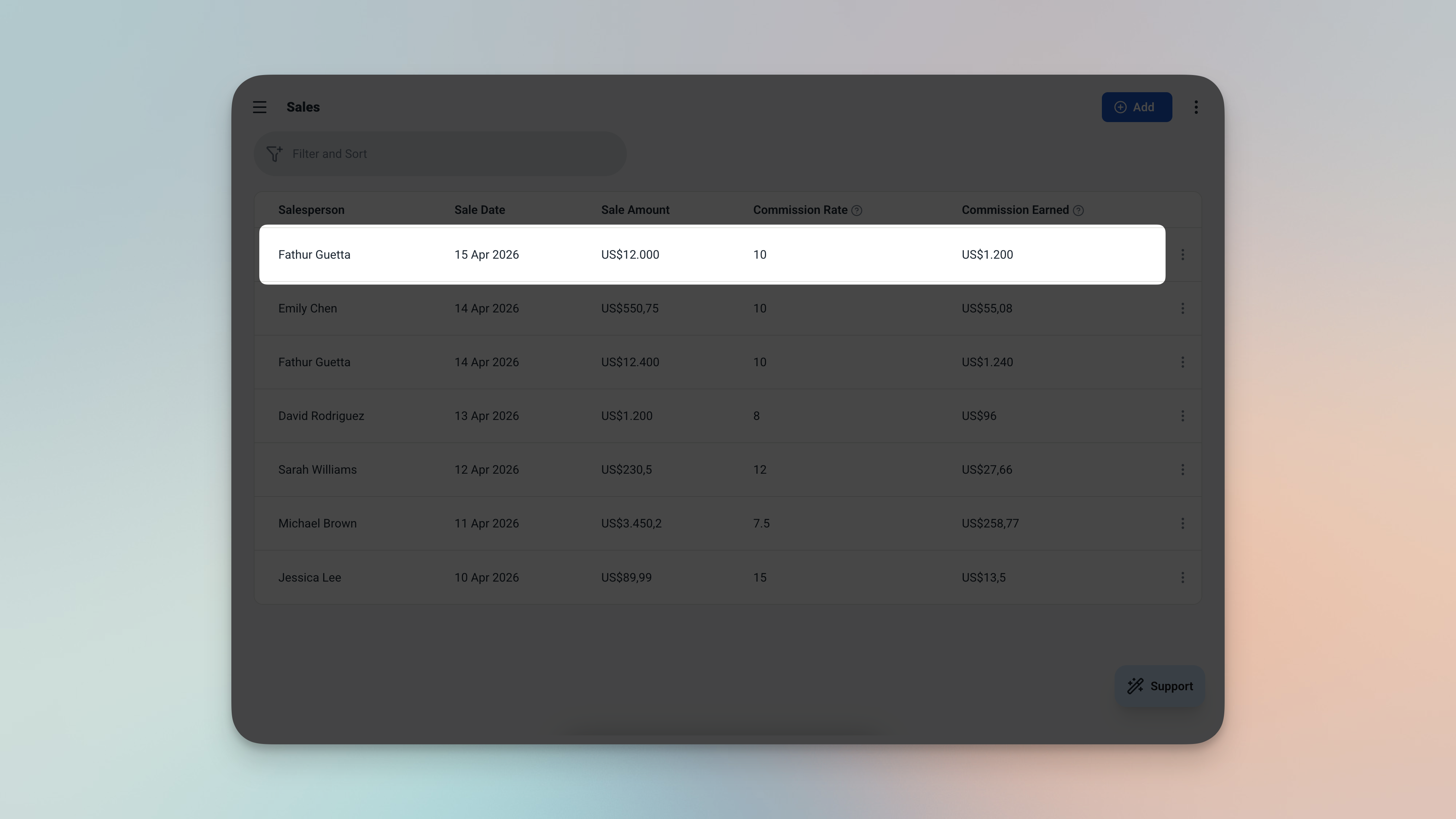 Ambisius sales record showing sale amount, locked commission rate, and auto-calculated commission field