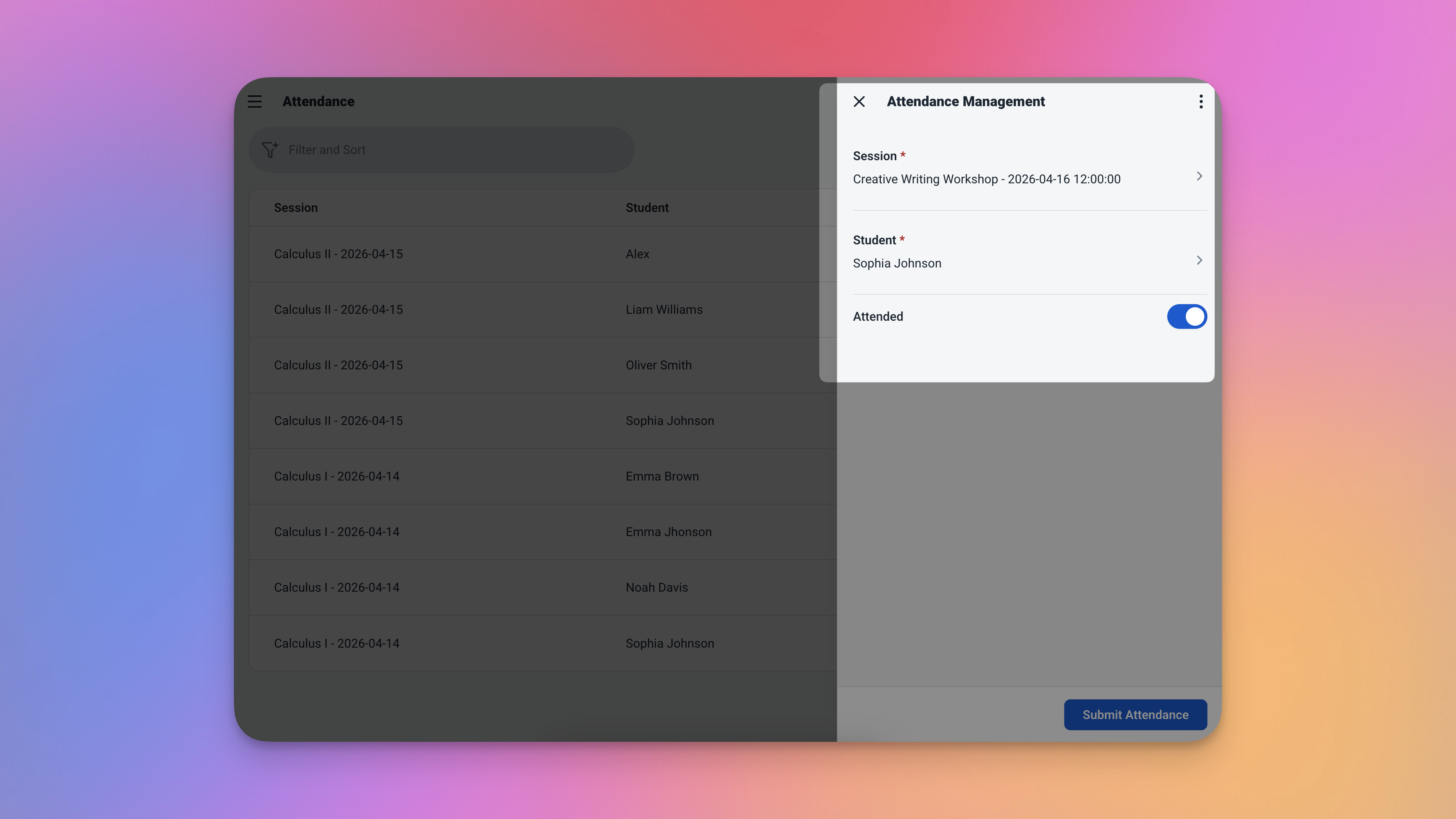 Catatan sesi menampilkan total hadir, total terdaftar, dan persentase tingkat kehadiran yang dihitung otomatis