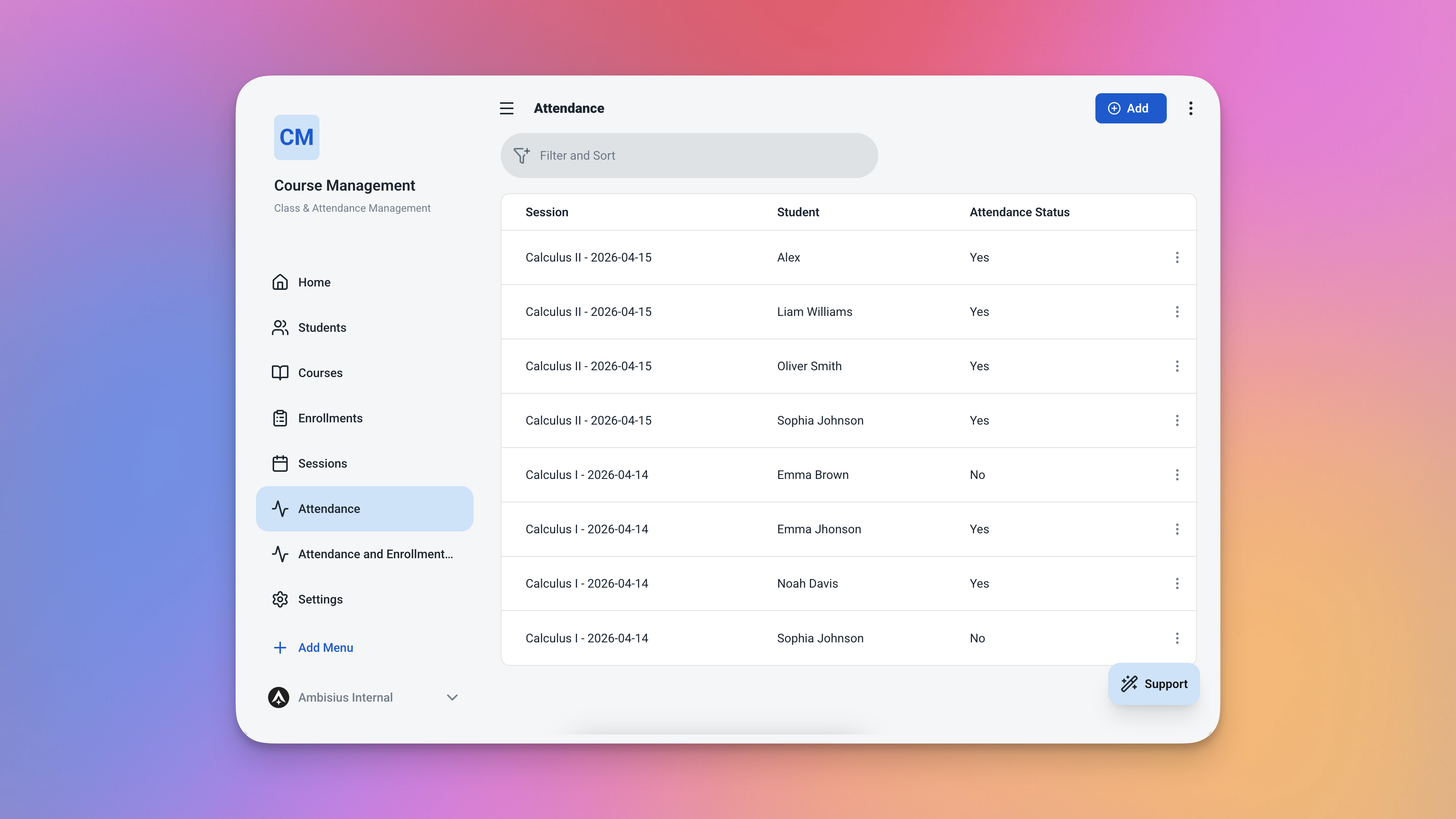 Tabel kehadiran menampilkan daftar siswa dengan tombol hadir ya/tidak per baris sesi