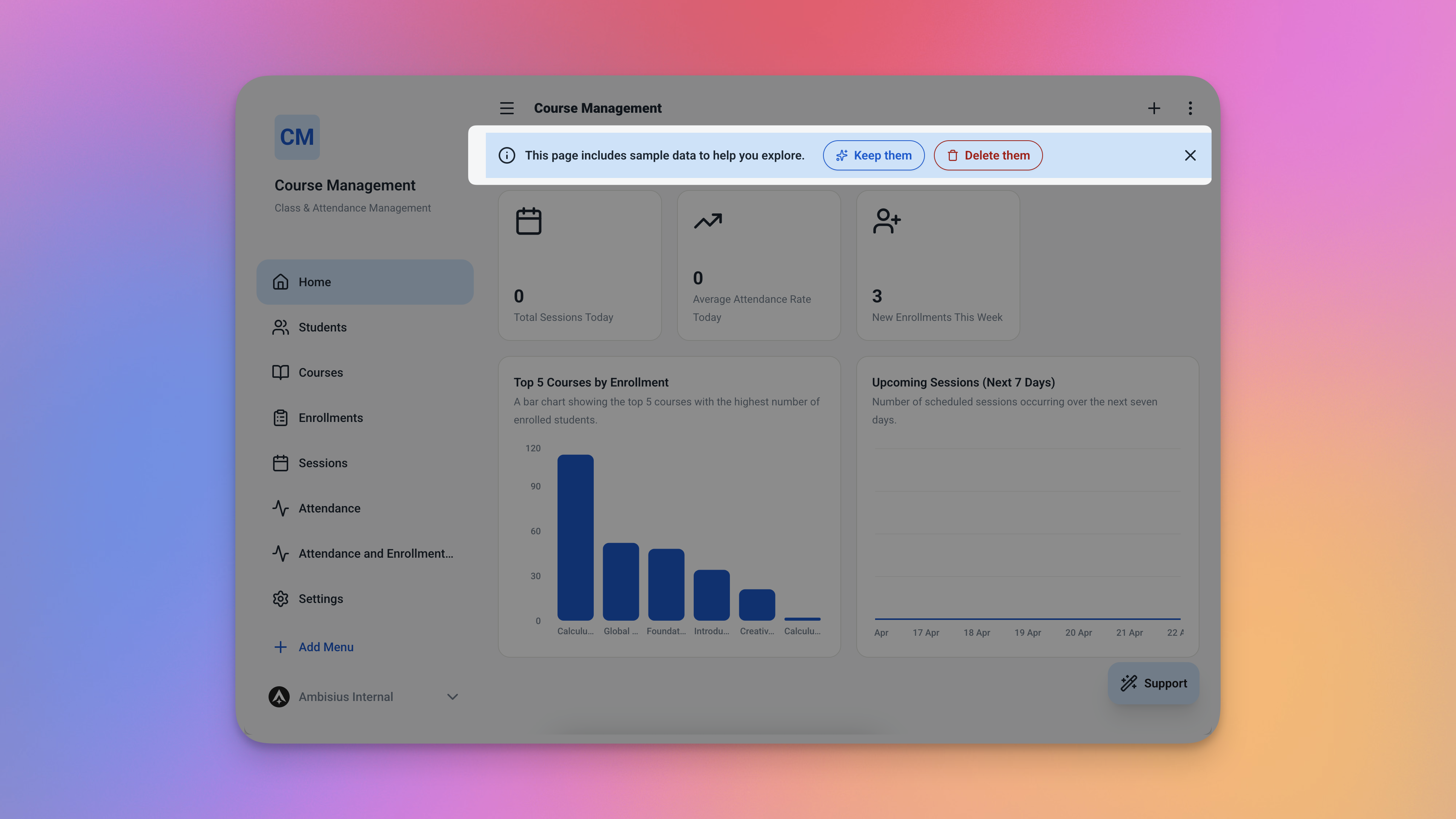 Aplikasi Pelacak Kelas dan Kehadiran yang diduplikasi menampilkan tabel Kursus dan Dasbor yang siap digunakan