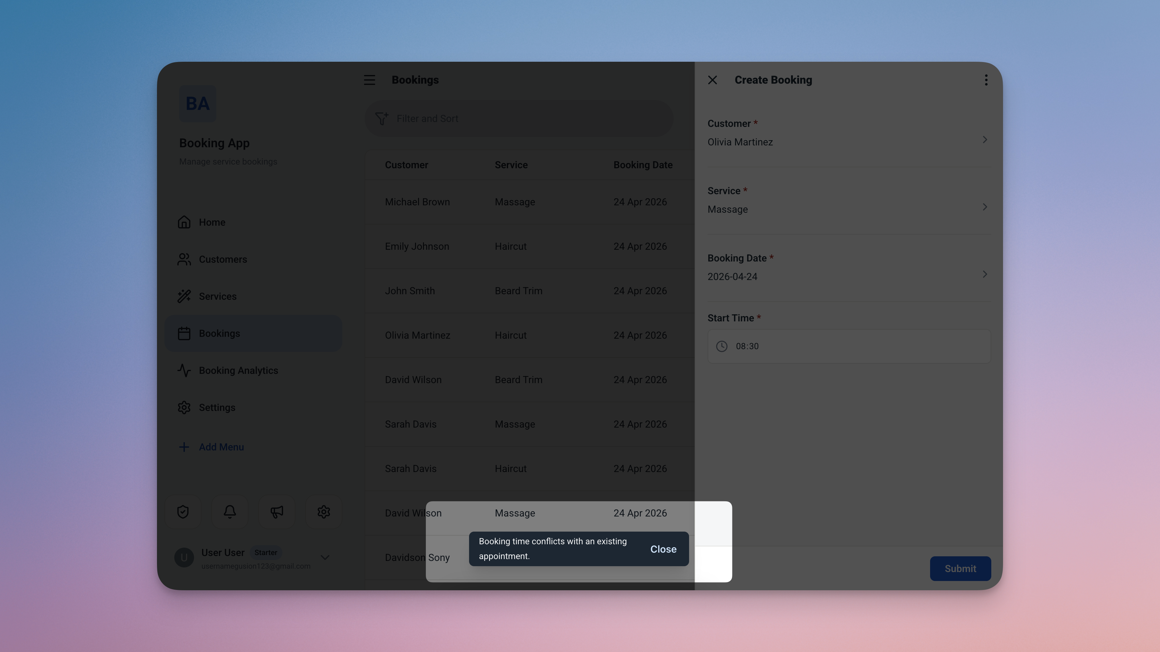 Ambisius booking form showing auto-calculated end time and a validation error blocking a conflicting appointment from being saved
