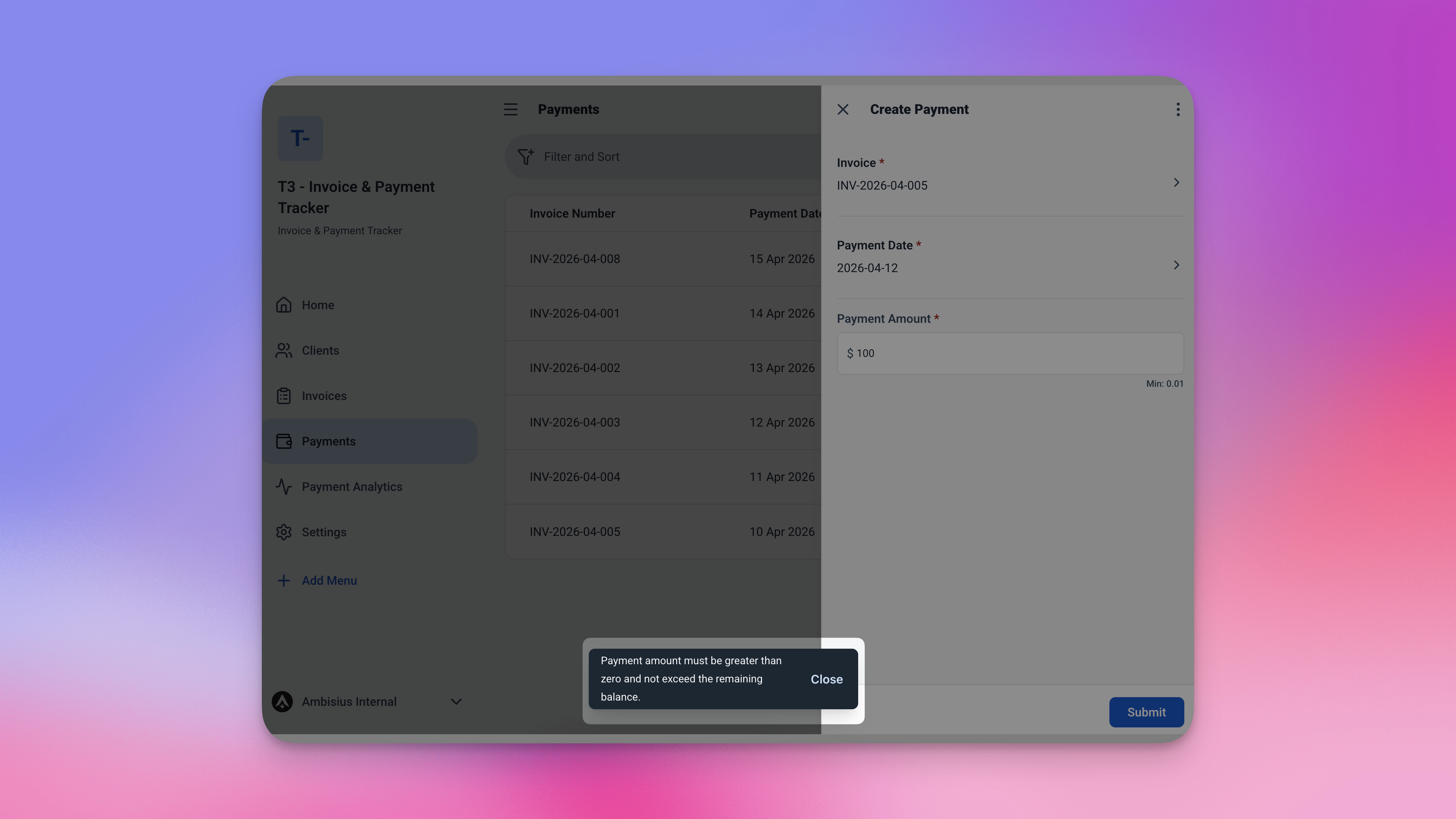 Formulir pembayaran Ambisius menunjukkan pesan kesalahan validasi yang memblokir pembayaran sebesar $1,500 pada faktur dengan sisa $800