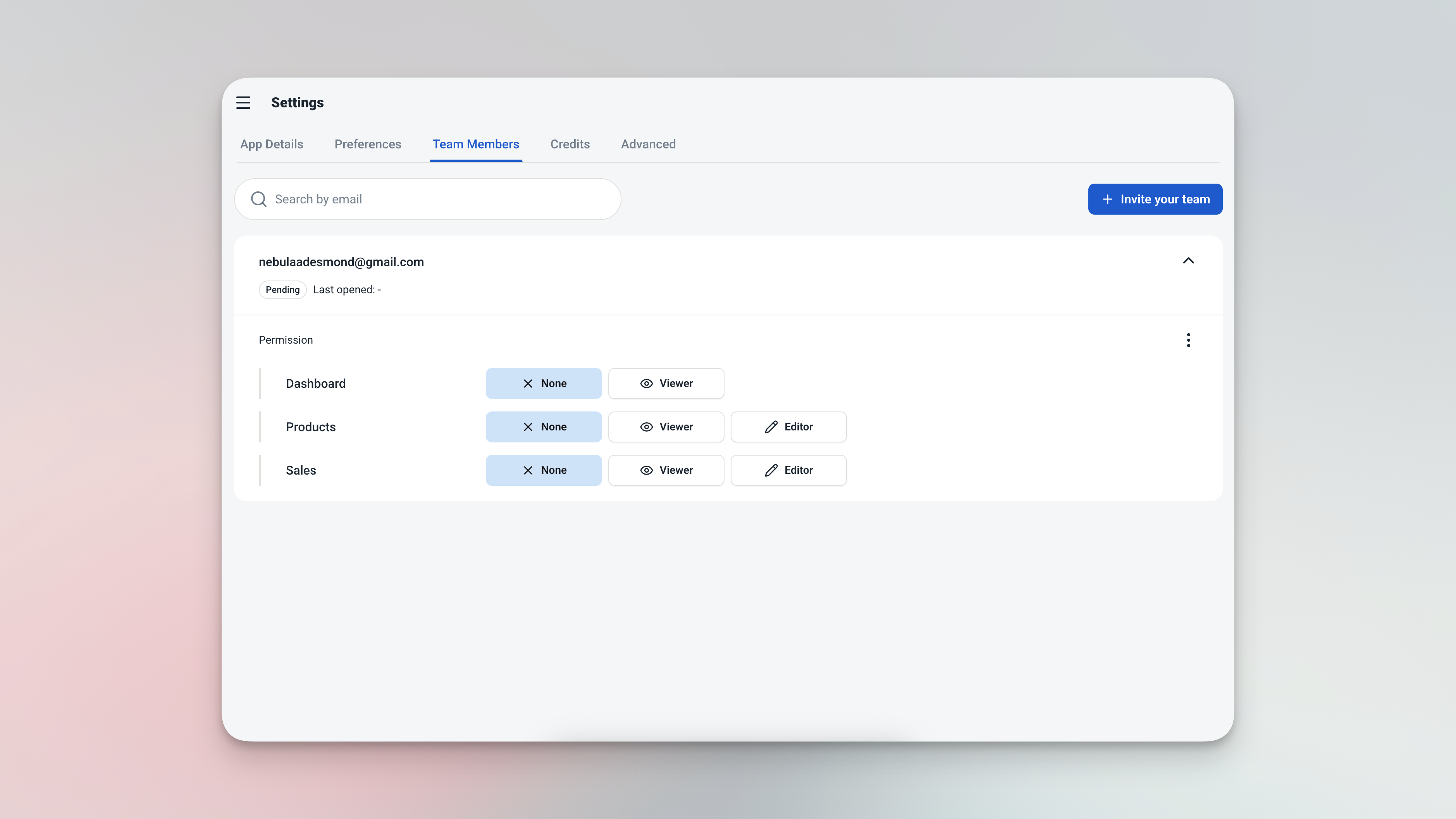 Ambisius access control settings screen showing per-menu and per-action permissions for different staff roles