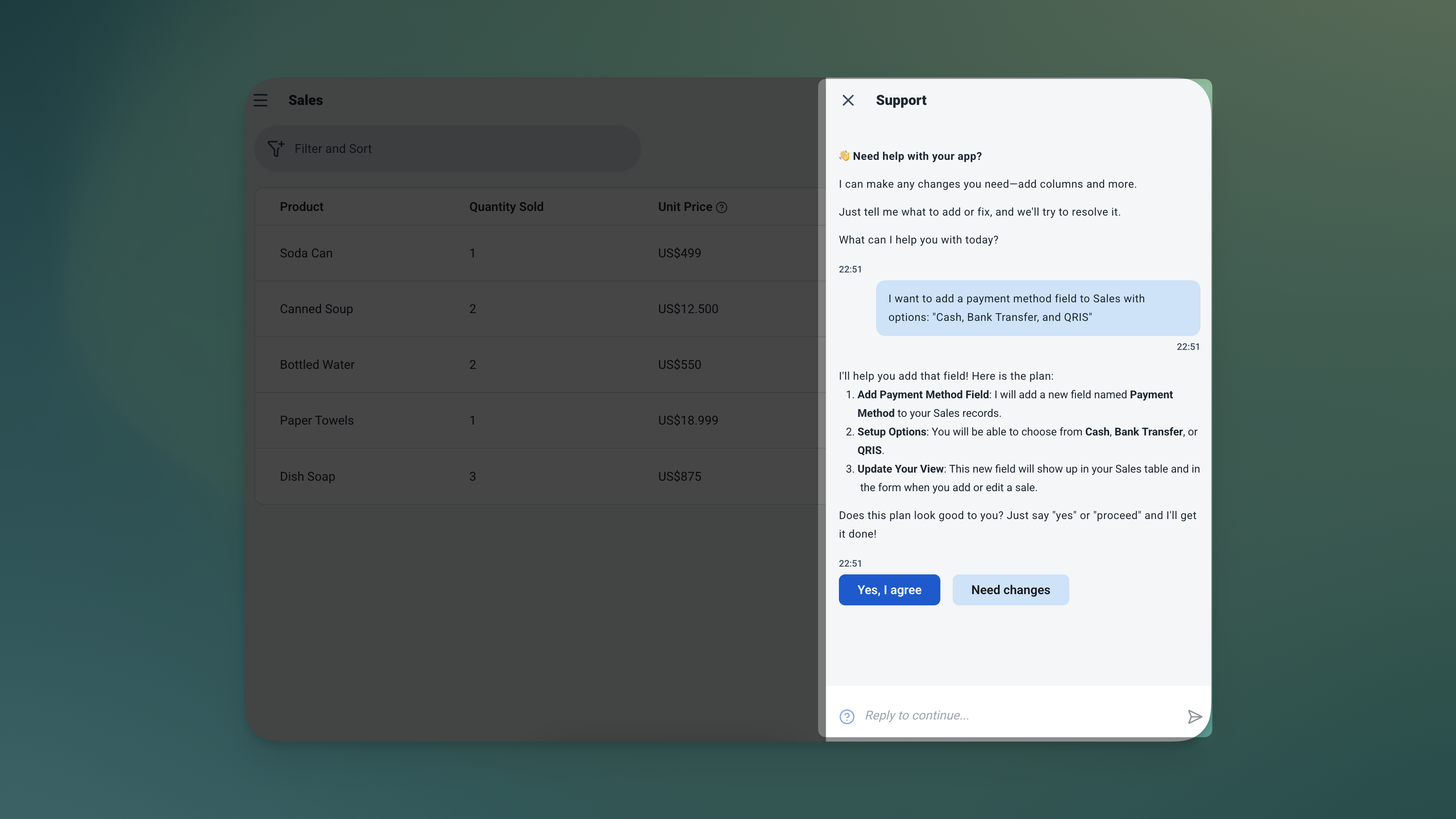 Antarmuka obrolan Ambisius menunjukkan permintaan kustomisasi untuk menambahkan kolom metode pembayaran ke tabel Penjualan dengan opsi Tunai, Transfer, dan QRIS