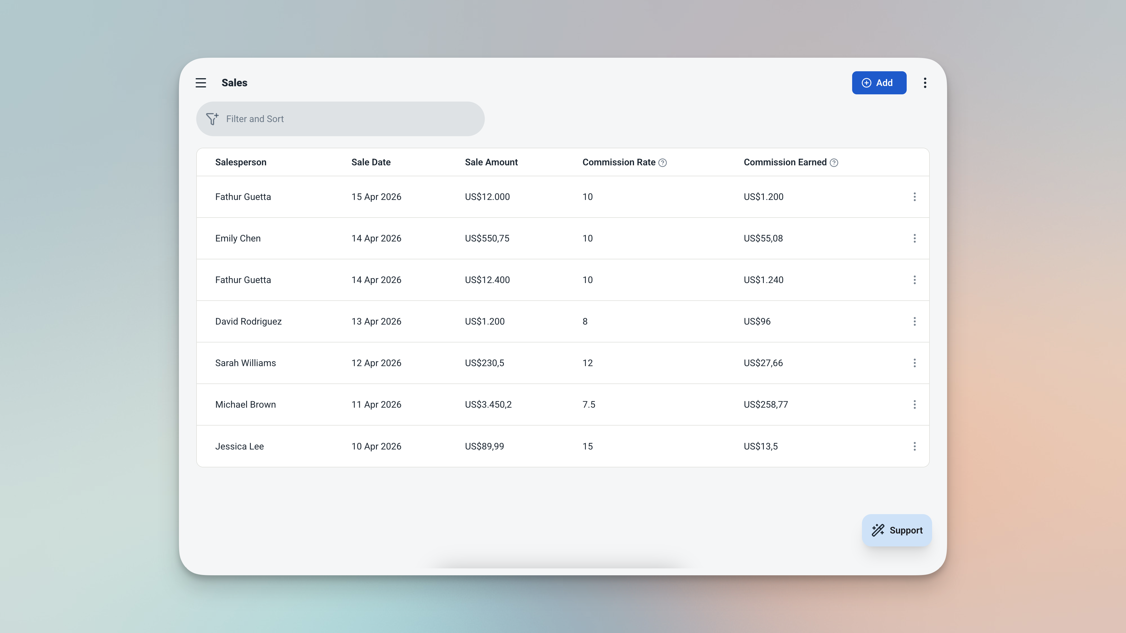 Ambisius Sales table showing linked salesperson, sale amount, locked commission rate, and auto-calculated commission