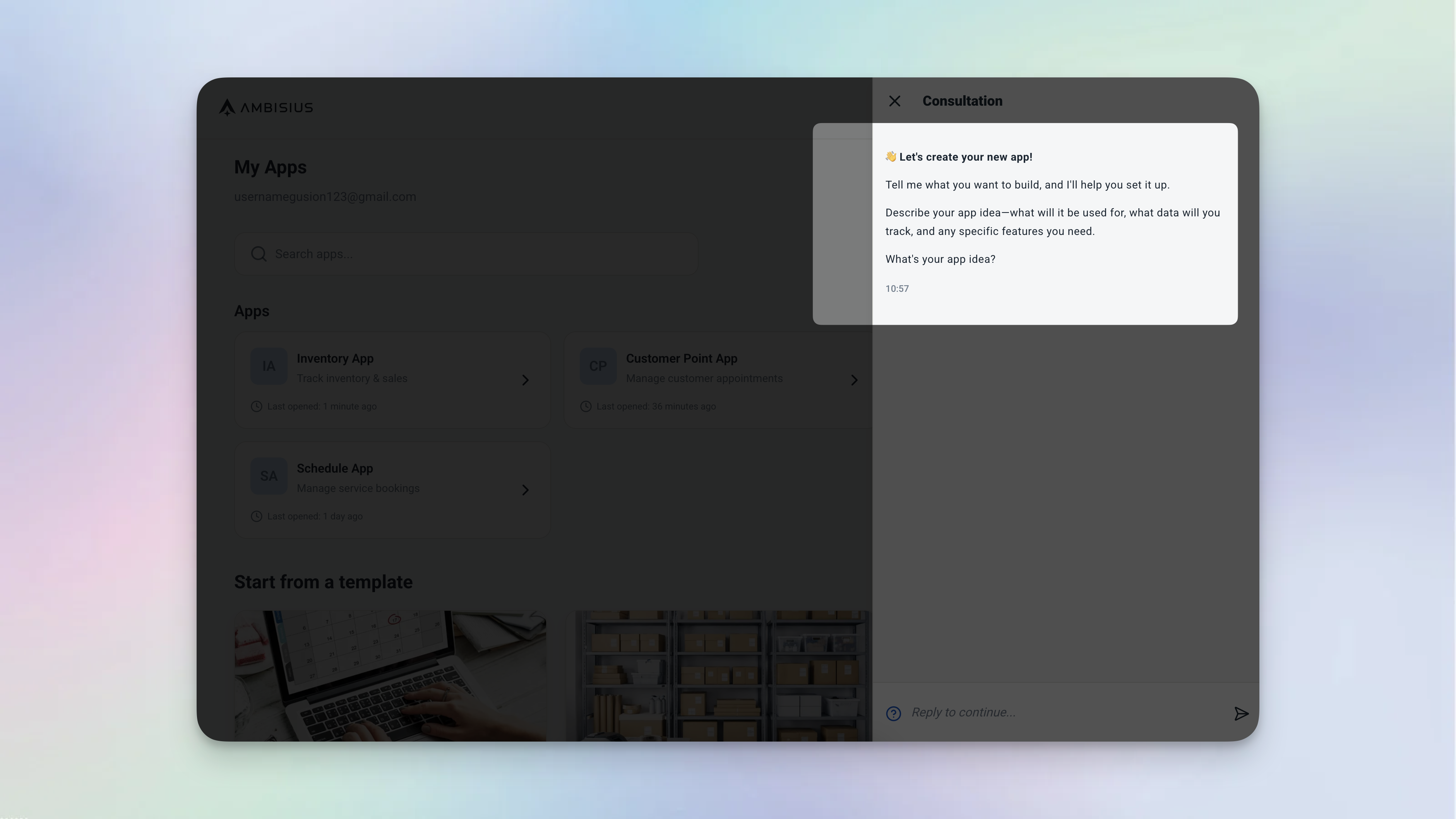 Ambisius onboarding screen showing the AI chat interface prompting the user to describe their business workflow