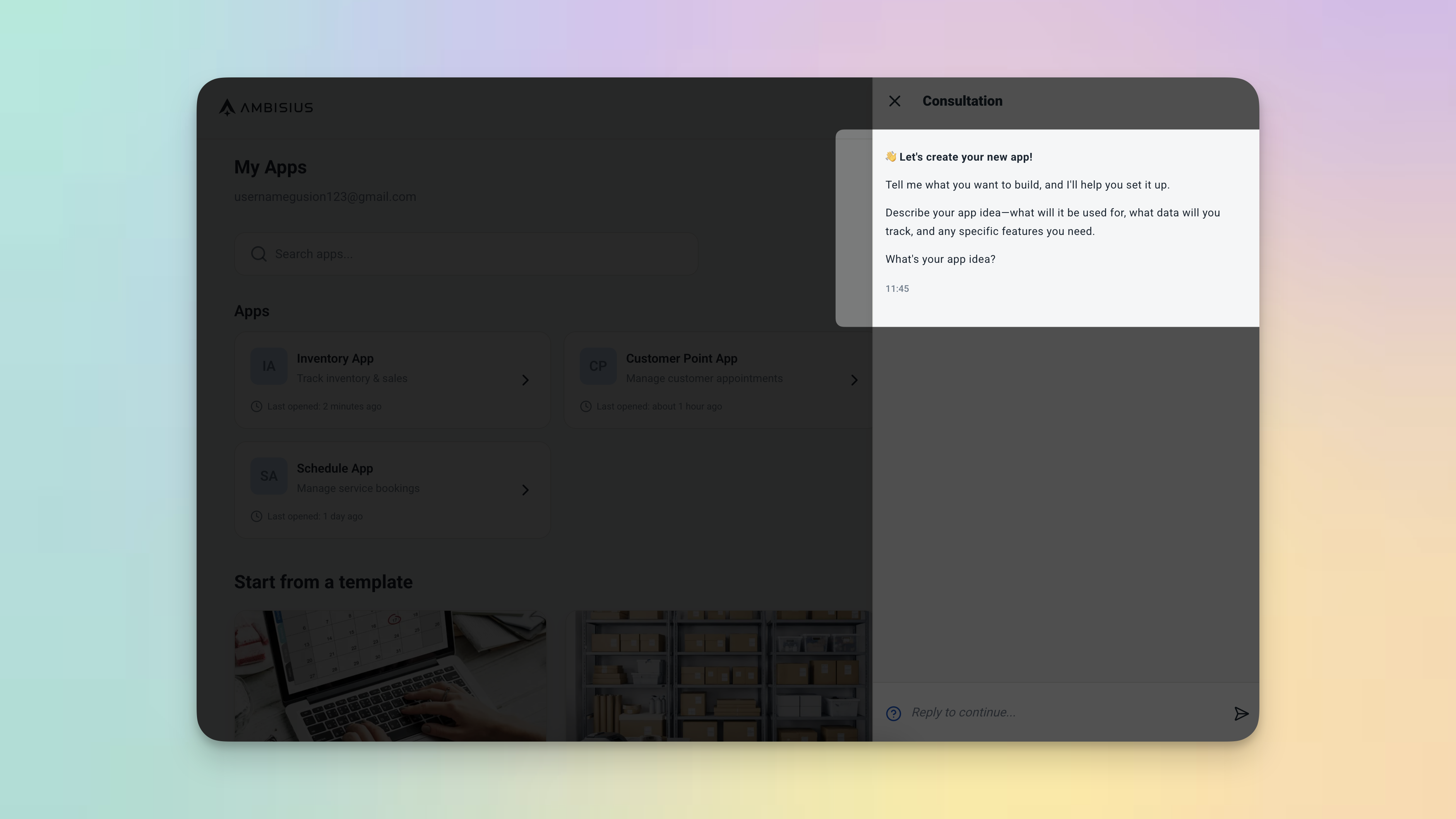 Ambisius onboarding screen showing the AI chat interface prompting the user to describe their business