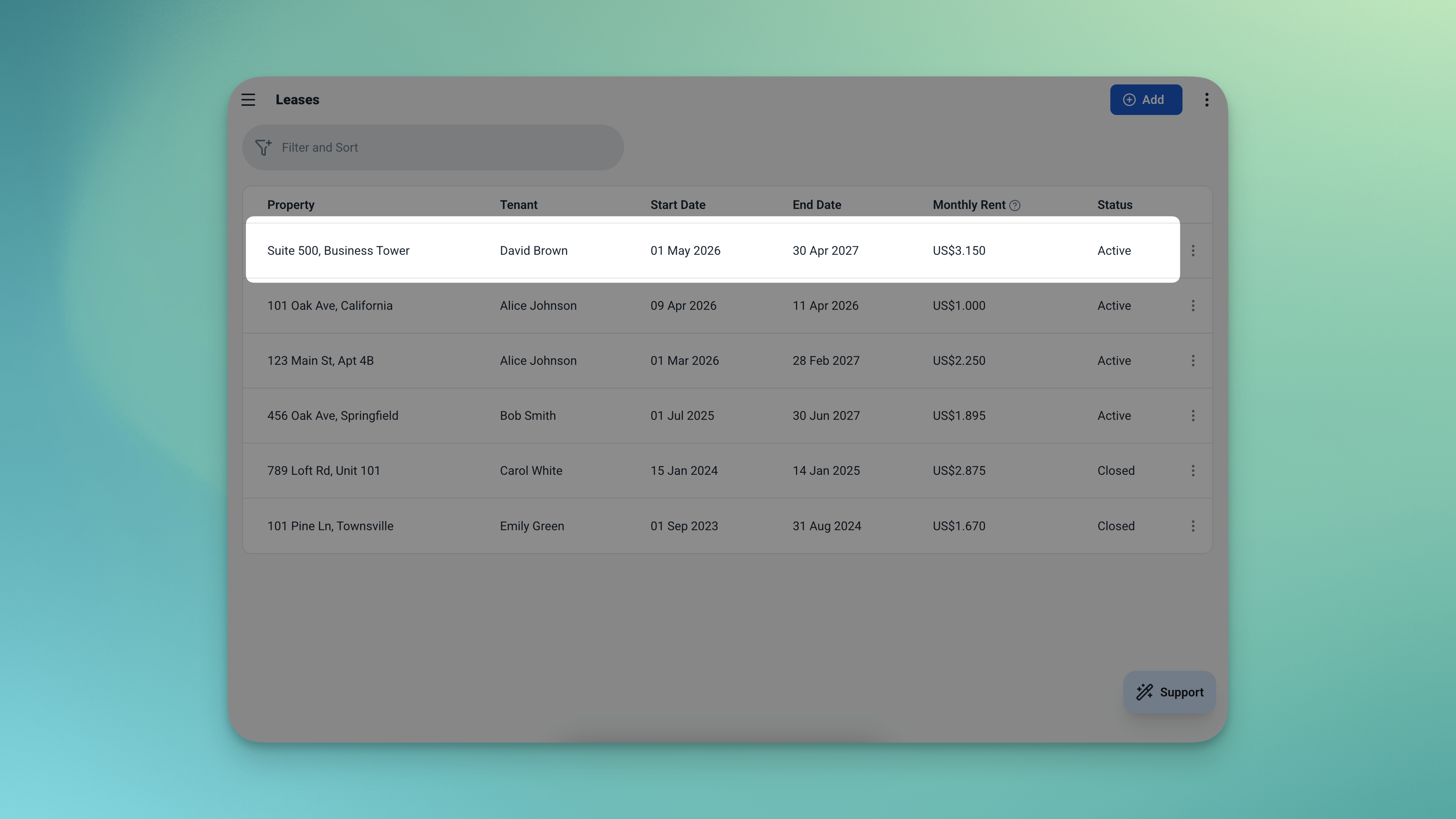 Catatan sewa Ambisius yang menunjukkan kolom sewa bulanan yang terkunci yang tidak dapat diubah secara retroaktif