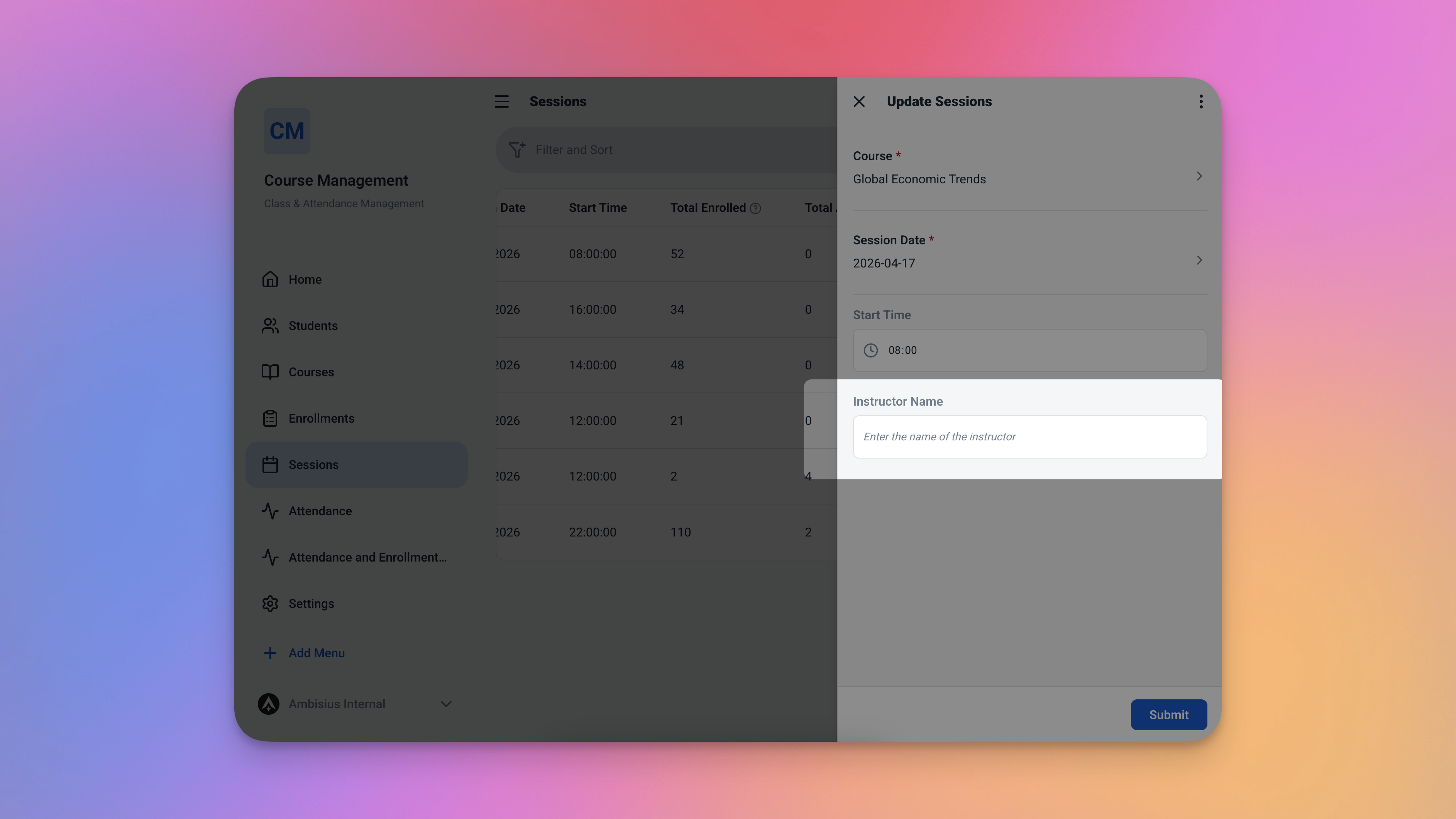 Formulir sesi yang diperbarui menunjukkan kolom instruktur baru yang ditambahkan setelah permintaan penyesuaian AI