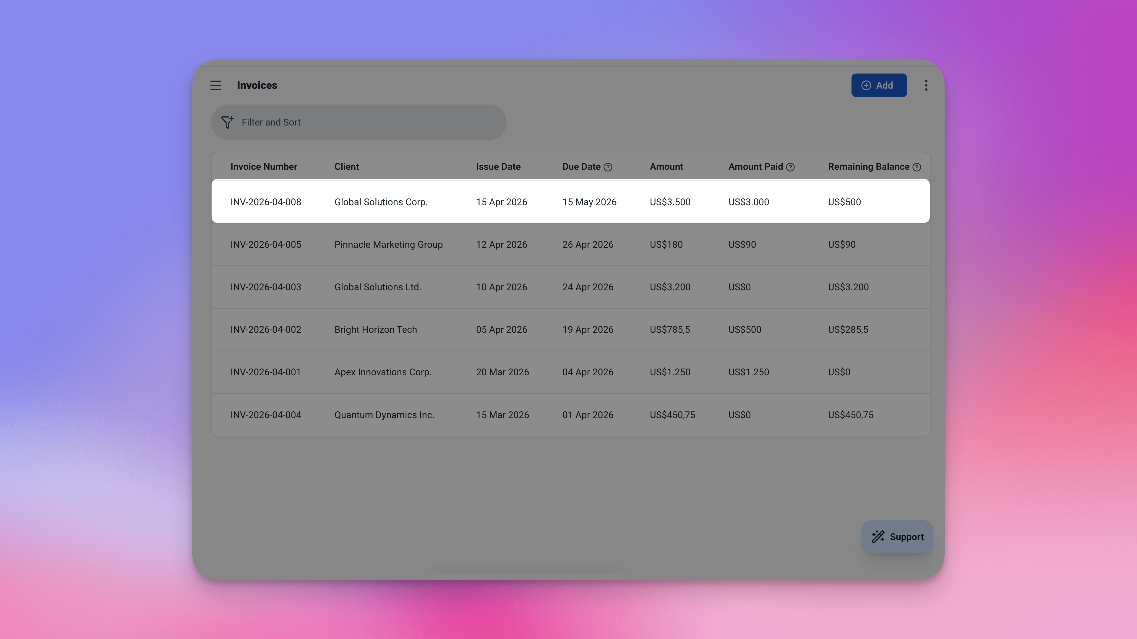 Formulir pembuatan faktur di Ambisius menunjukkan nomor faktur yang dibuat otomatis INV-0003 dan tanggal jatuh tempo yang ditetapkan otomatis 30 hari dari tanggal terbit