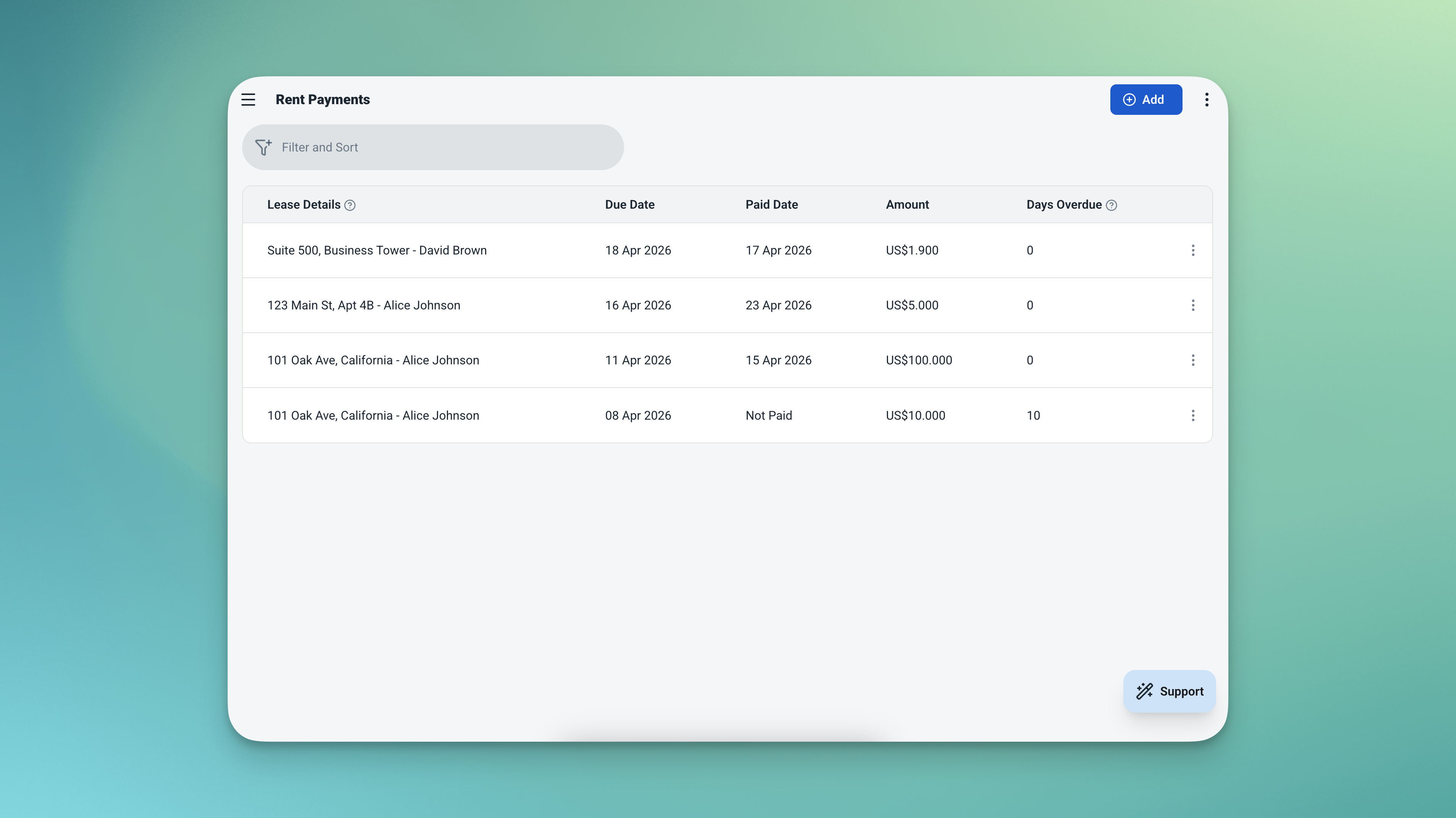 Tabel Pembayaran Sewa Ambisius yang menunjukkan hari keterlambatan dihitung otomatis untuk catatan yang belum dibayar melewati tanggal jatuh temponya