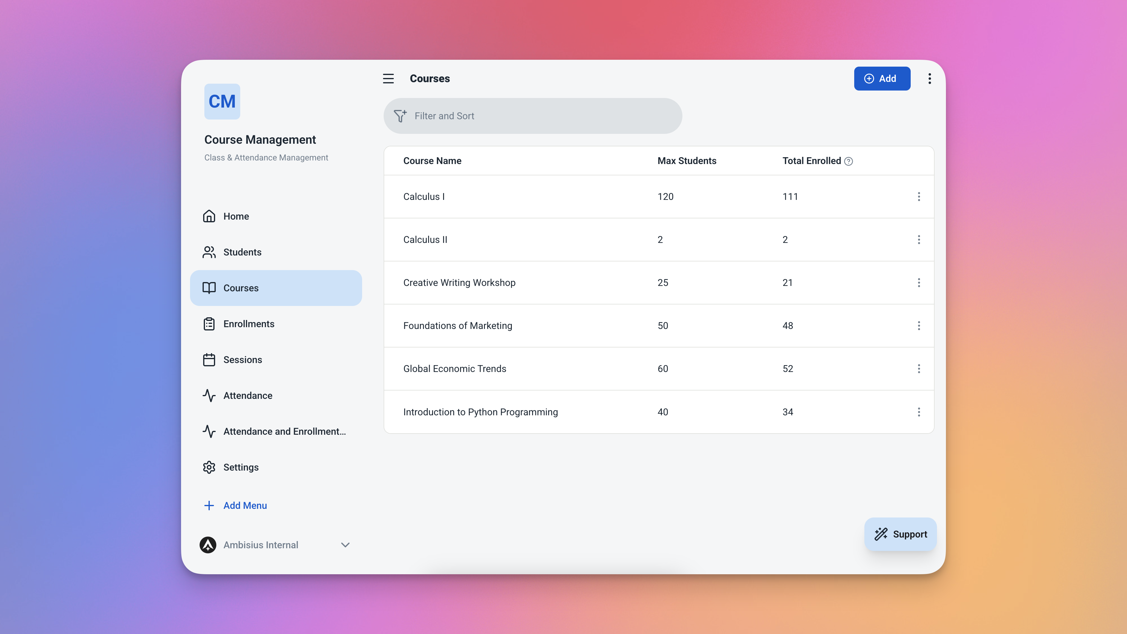 Tabel kursus dengan data sampel menunjukkan nama kursus, siswa maks, dan kolom total terdaftar