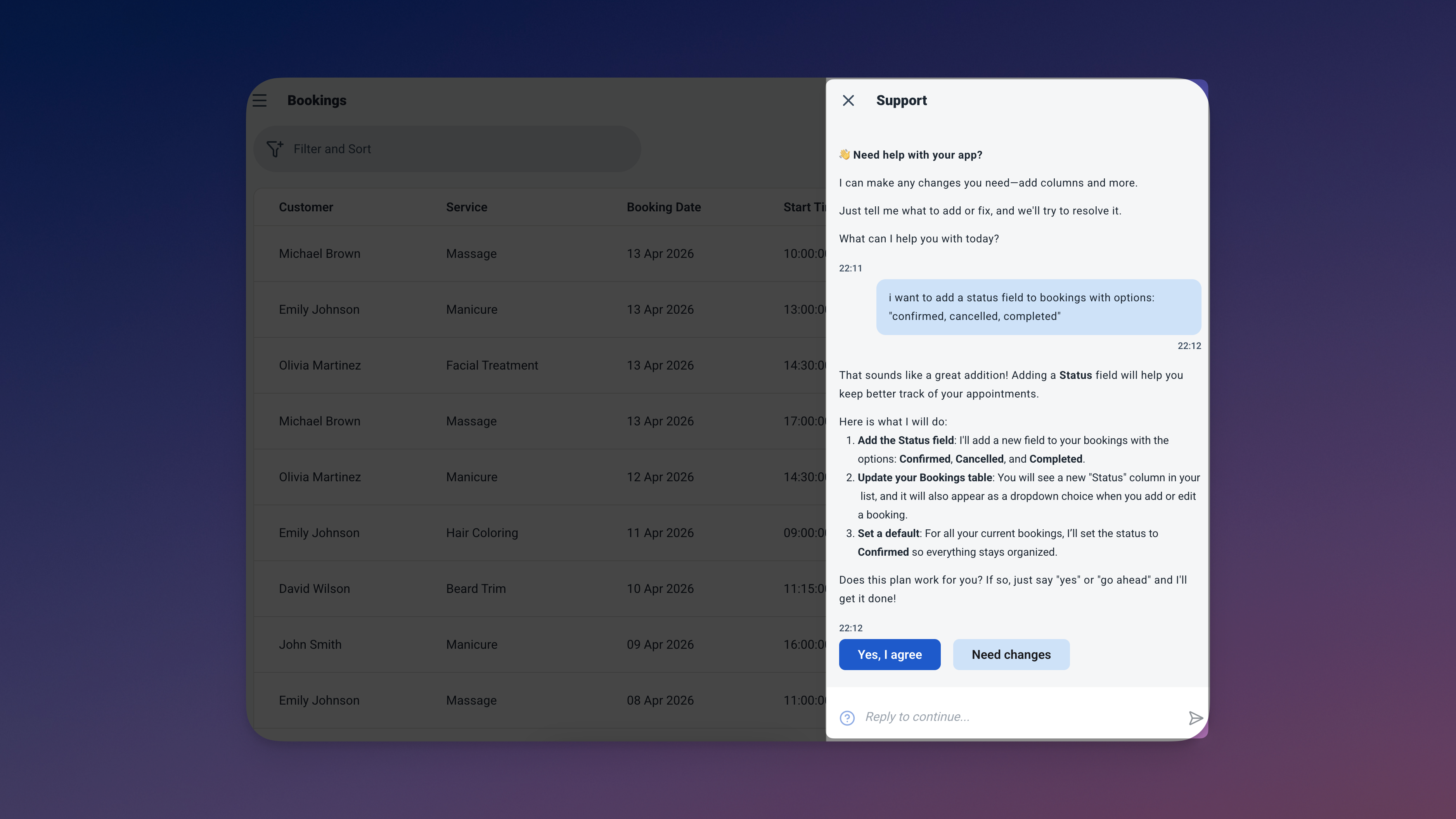Antarmuka obrolan Ambisius menunjukkan permintaan kustomisasi untuk menambahkan kolom status dengan opsi Dikonfirmasi, Dibatalkan, Selesai