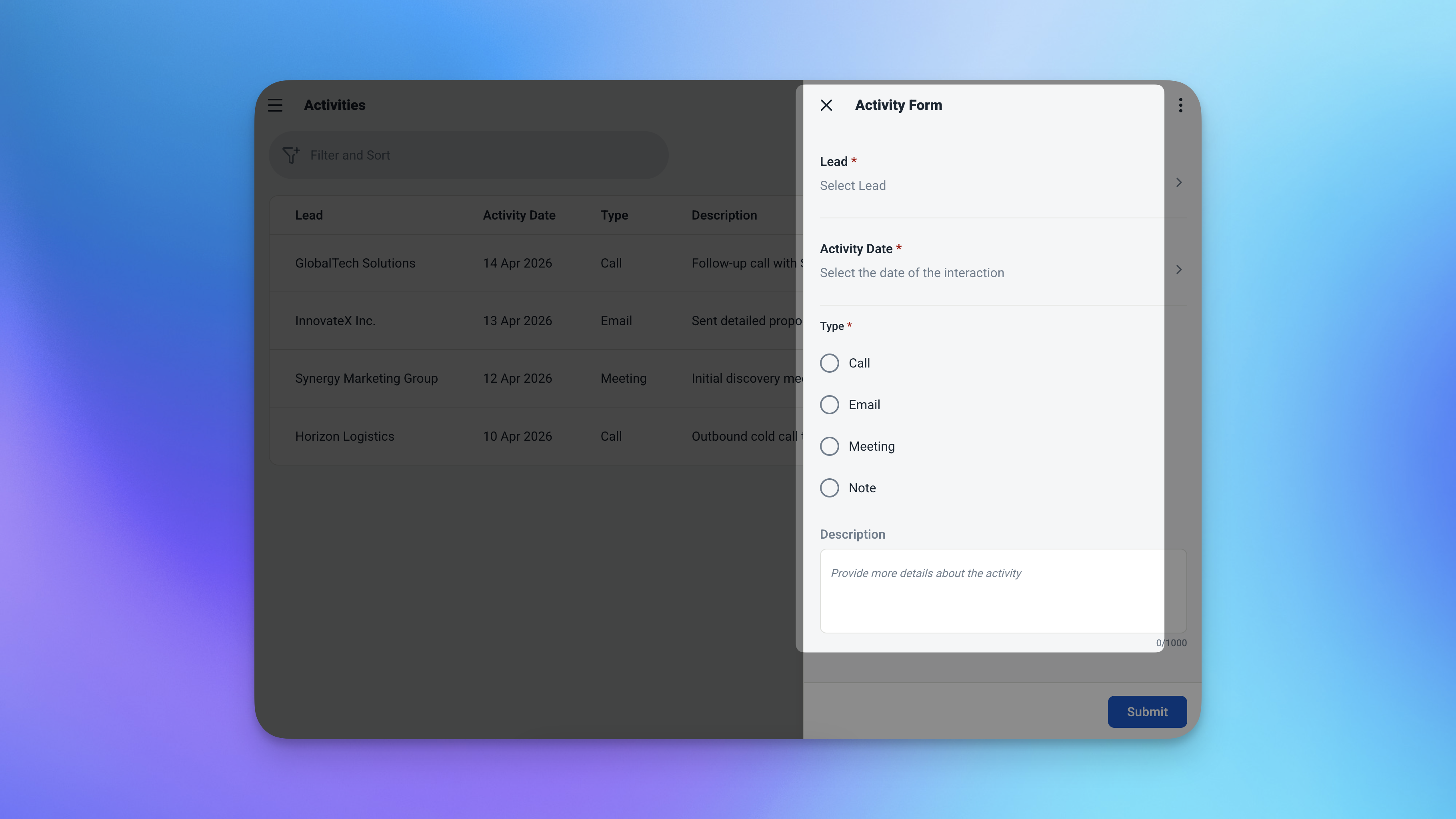 Tabel aktivitas Ambisius dengan entri log contoh menunjukkan nama prospek, tanggal, jenis (Panggilan, Email, Rapat, Catatan), dan deskripsi di berbagai prospek