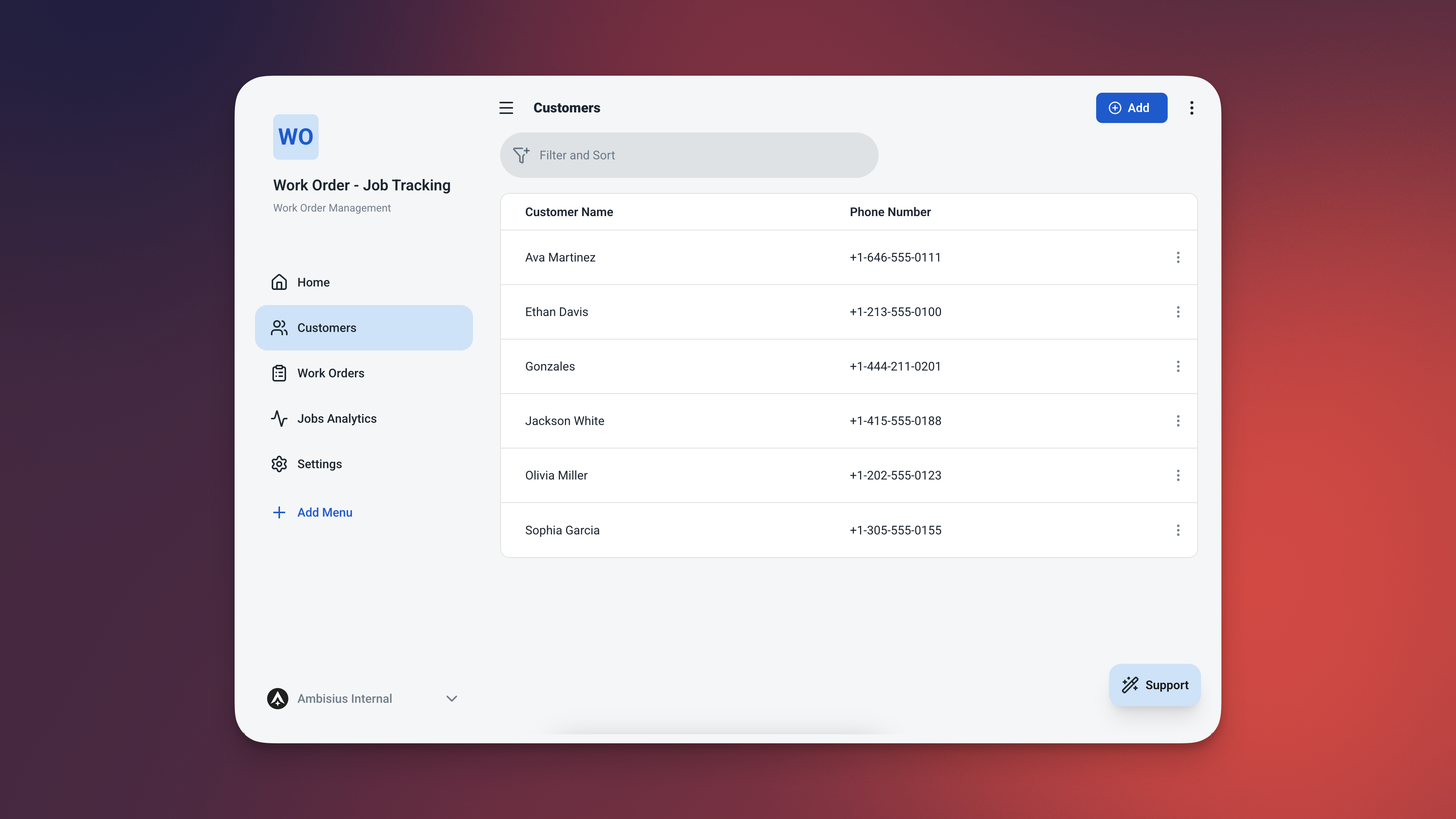 Tabel pelanggan di aplikasi pesanan kerja menunjukkan contoh nama pelanggan dan nomor telepon