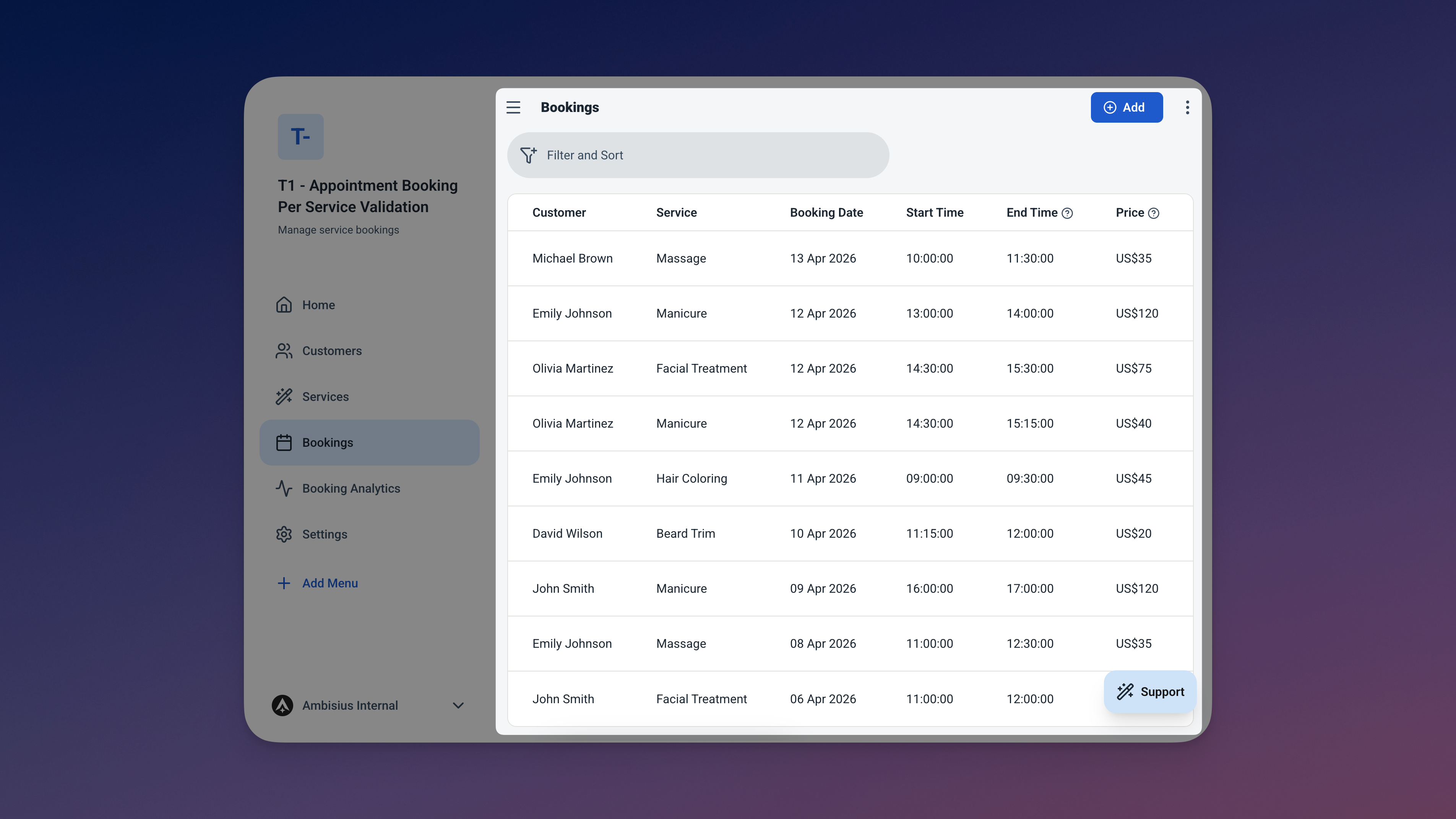 Tabel Pemesanan menunjukkan nama pelanggan yang terhubung, layanan, waktu berakhir yang dihitung otomatis, dan harga terkunci