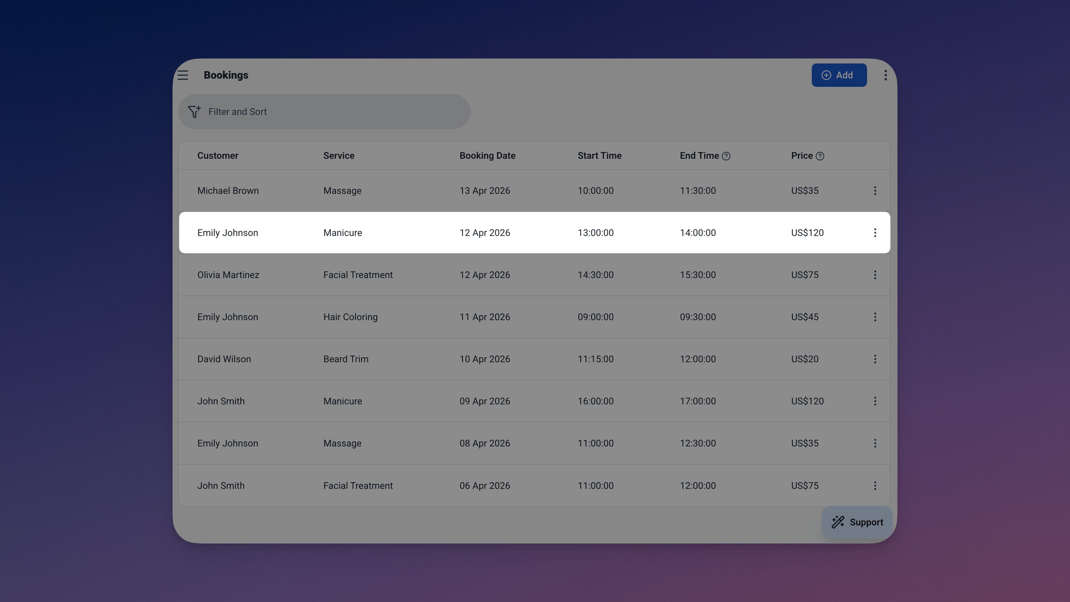 Formulir pemesanan menunjukkan waktu mulai yang dimasukkan dengan waktu berakhir yang dihitung otomatis berdasarkan durasi layanan