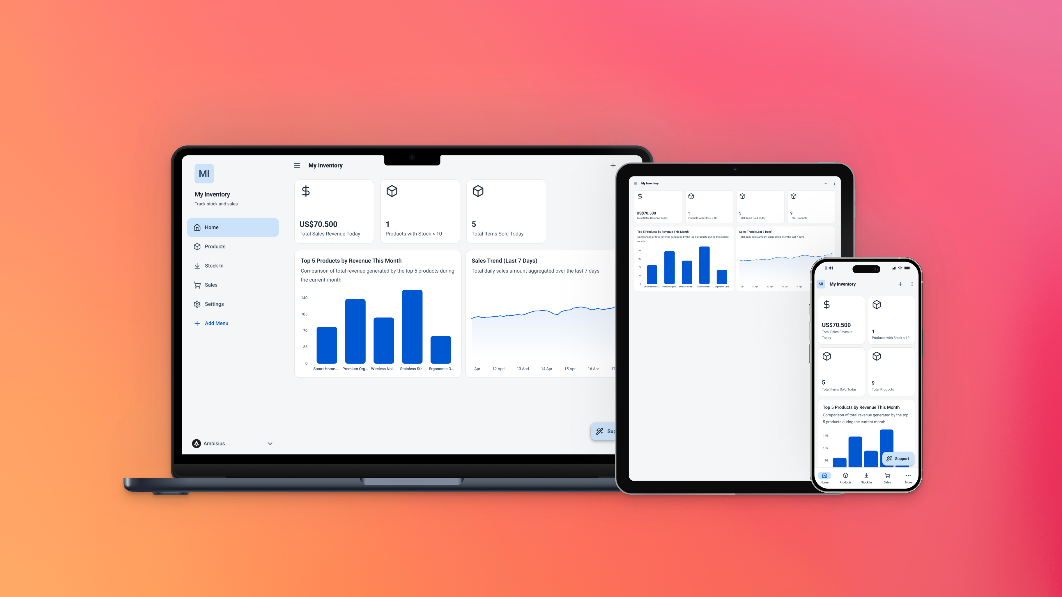 Ambisius app dashboard shown on mobile phone, tablet, and desktop browser side by side with the same data visible across all devices