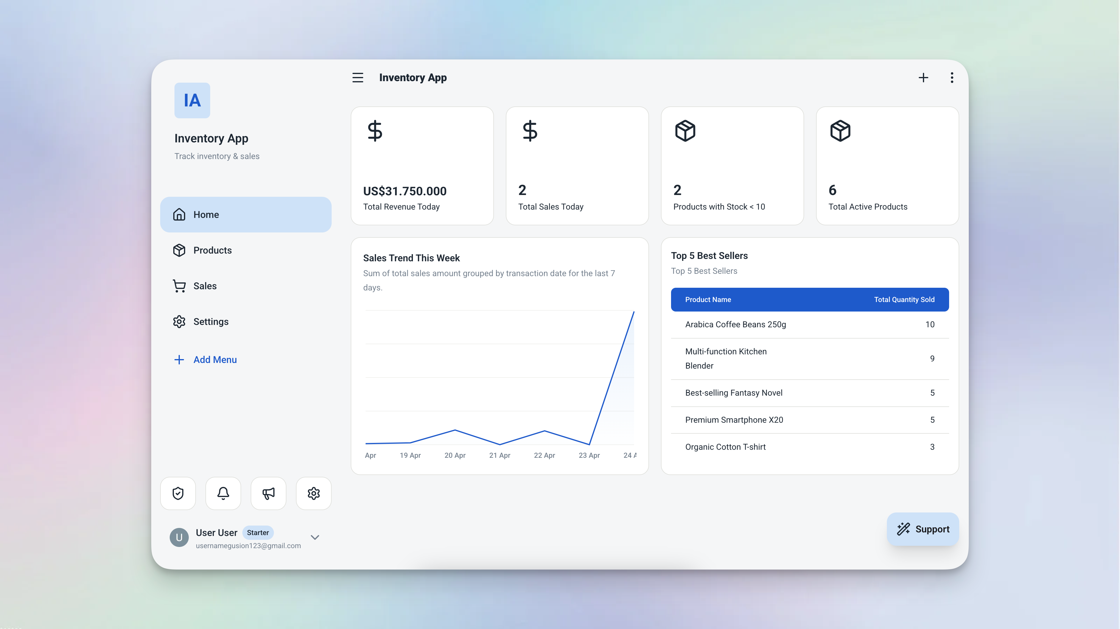 Ambisius live dashboard showing today's revenue, low stock count, bookings today, and overdue invoices updating in real time