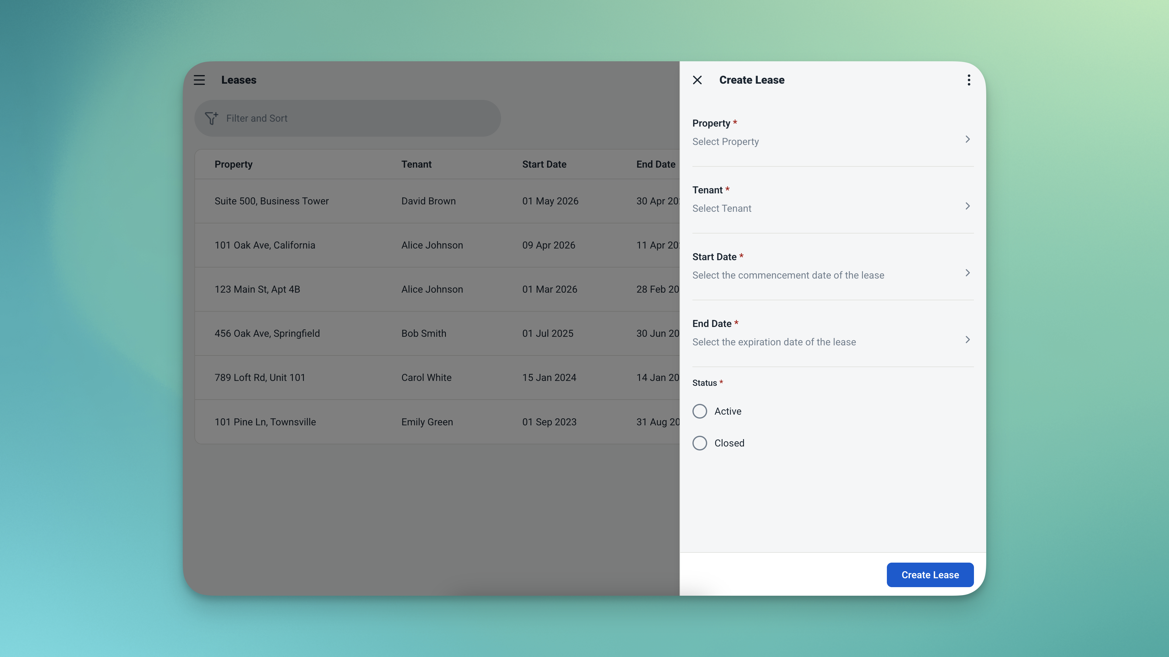 Formulir pembuatan sewa Ambisius yang menunjukkan properti terhubung dan sewa bulanan otomatis dicatat saat penandatanganan