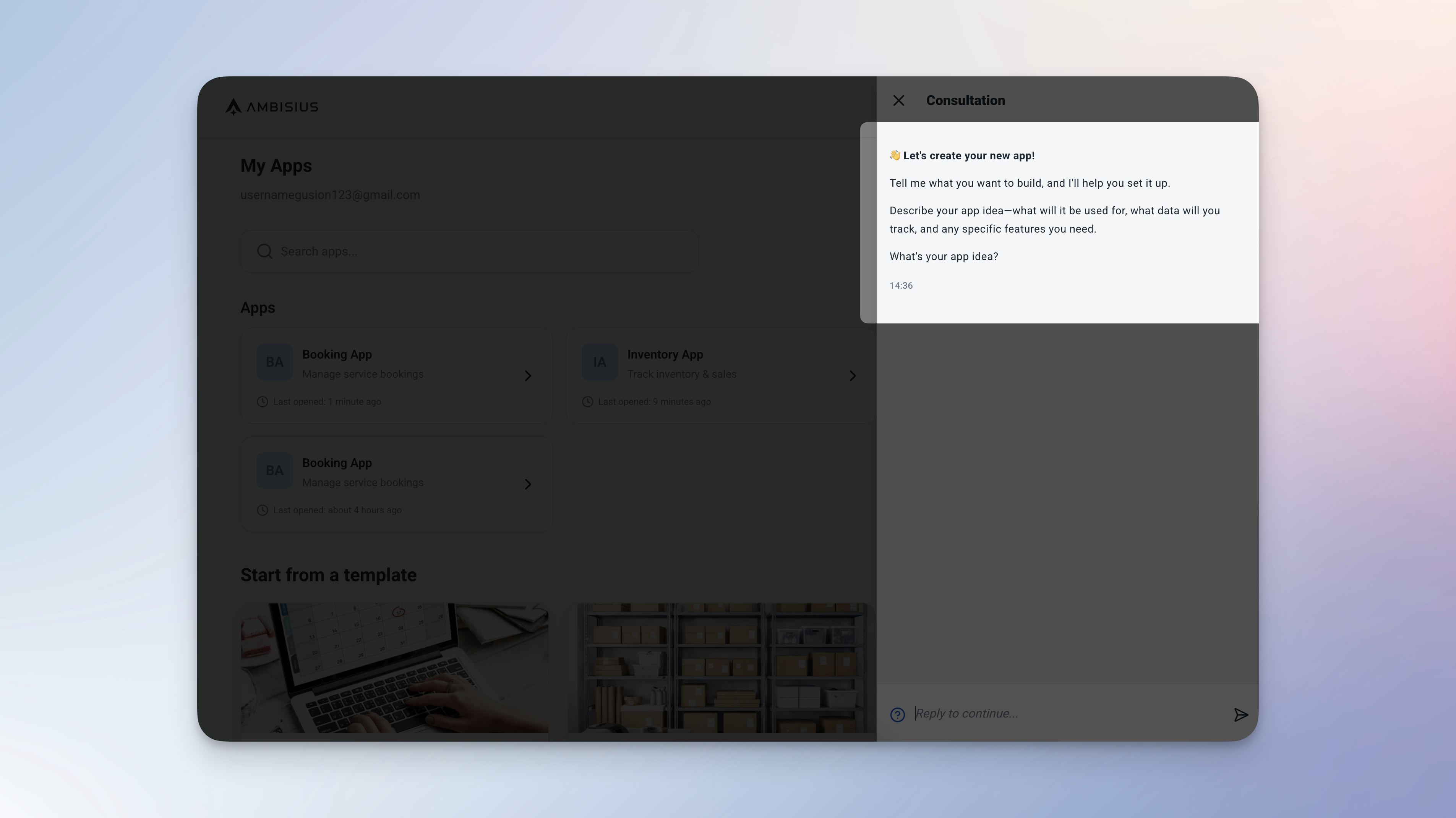 Ambisius onboarding screen showing the AI chat interface prompting the user to describe their business needs