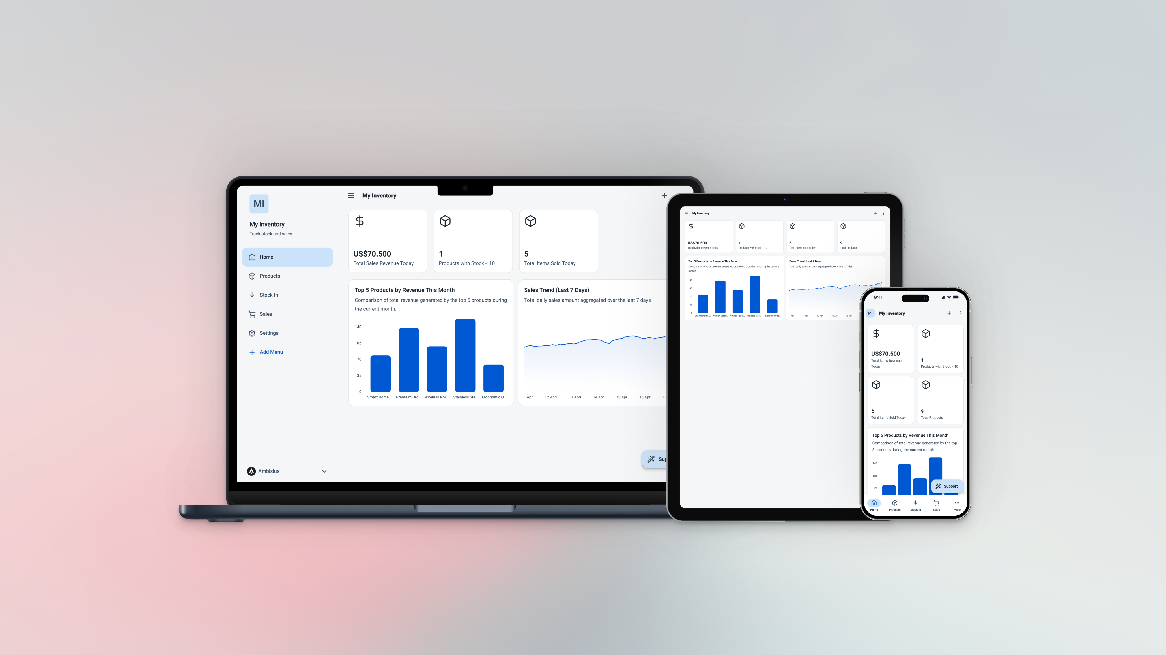 Ambisius app shown on a mobile phone, tablet, and desktop browser simultaneously — same app, fully responsive across all devices