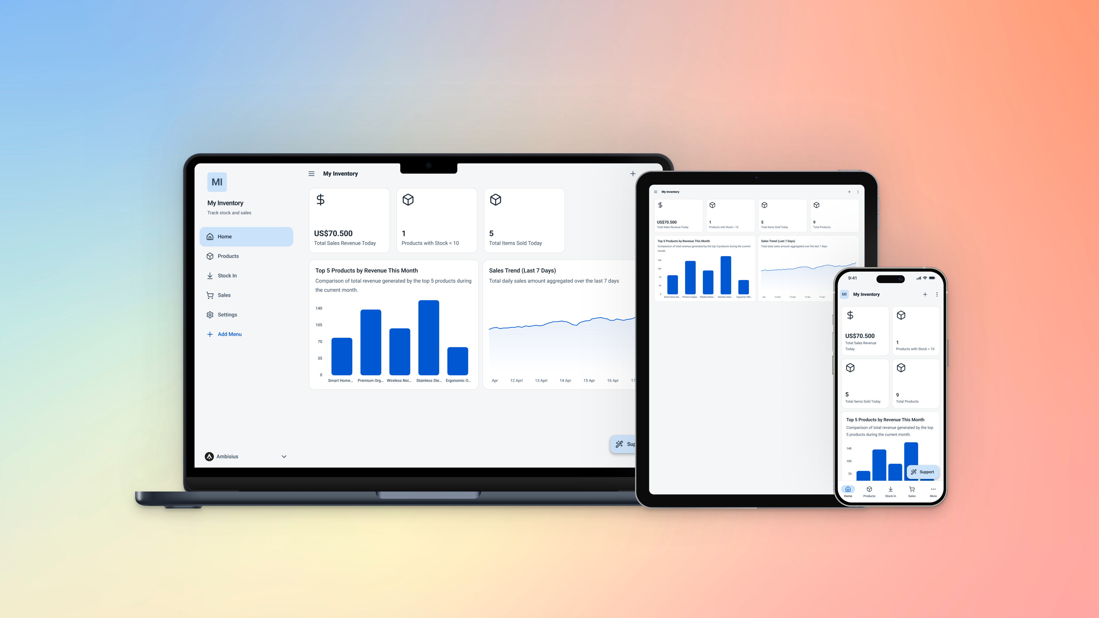 Ambisius app shown simultaneously on a mobile phone, tablet, and desktop browser — same app, fully responsive across all devices