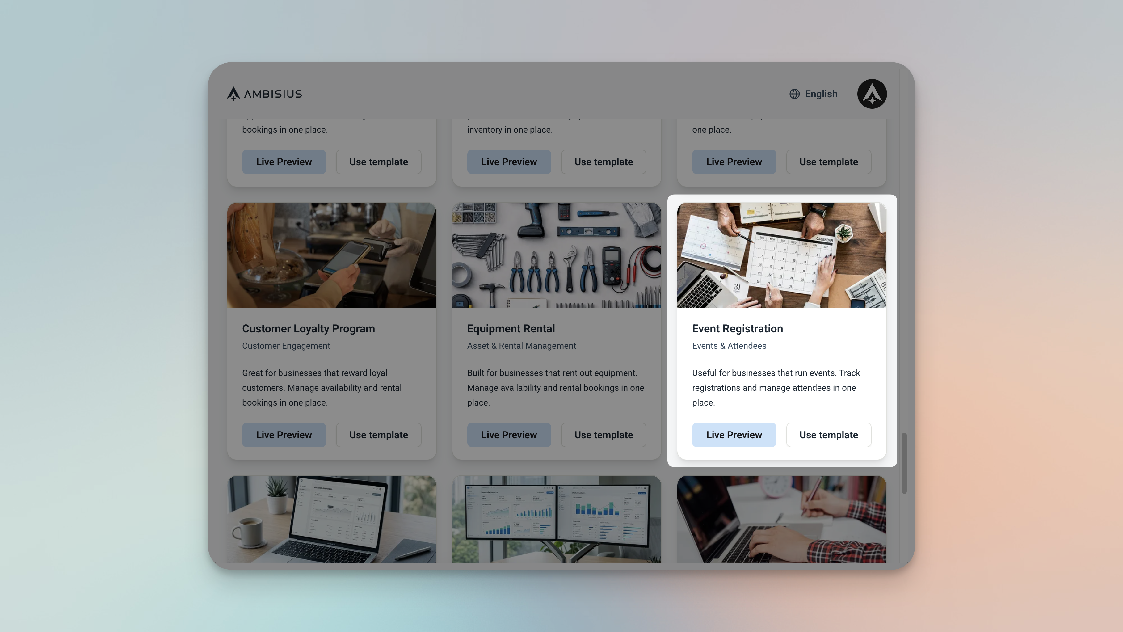 Katalog template Ambisius menunjukkan kartu template Pendaftaran Acara