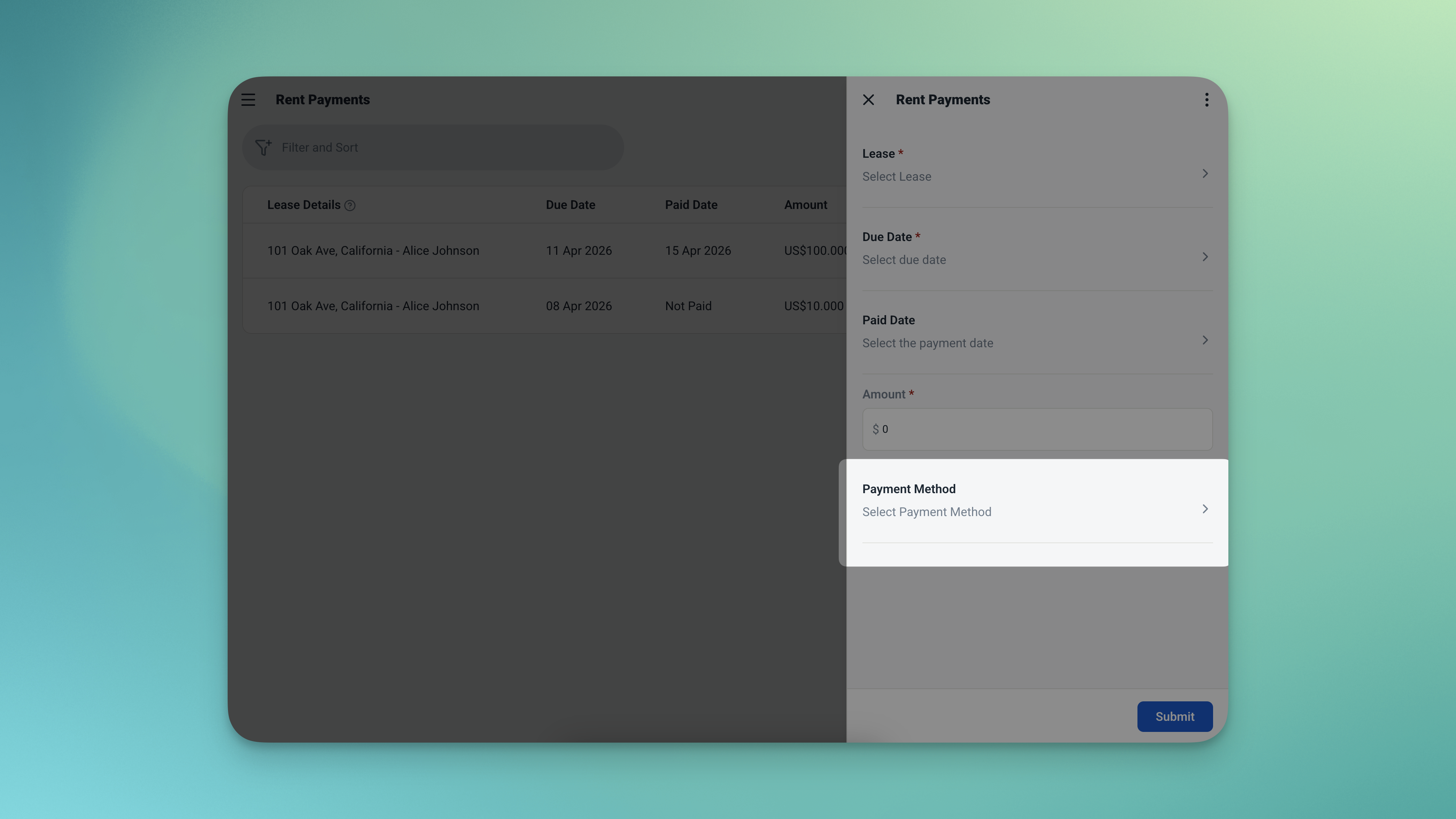 Formulir entri Pembayaran Sewa Ambisius yang diperbarui dengan bidang dropdown metode pembayaran baru setelah penyesuaian AI