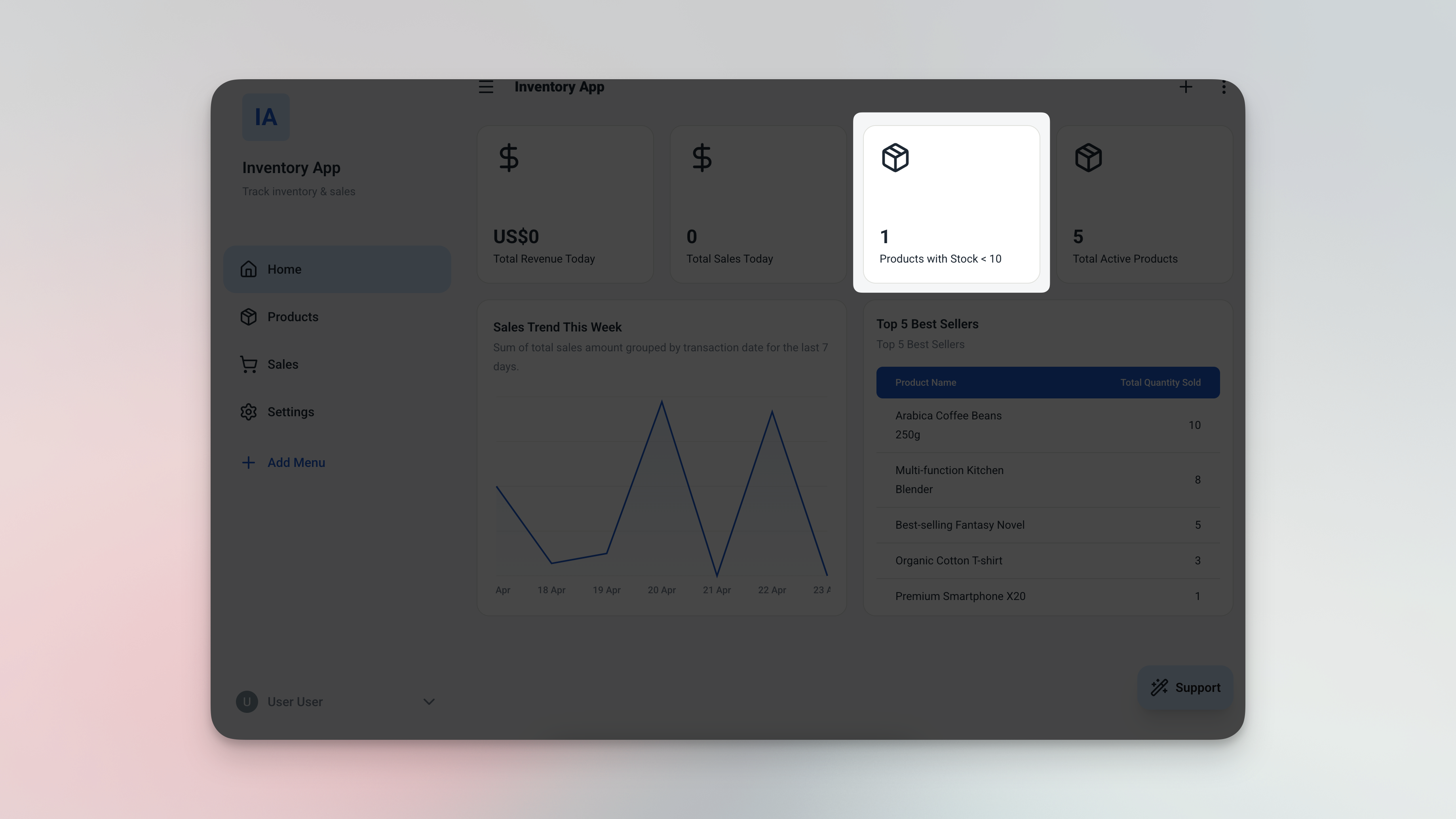 Ambisius dashboard showing a low stock alert notification and an auto-updated payment status on an invoice record