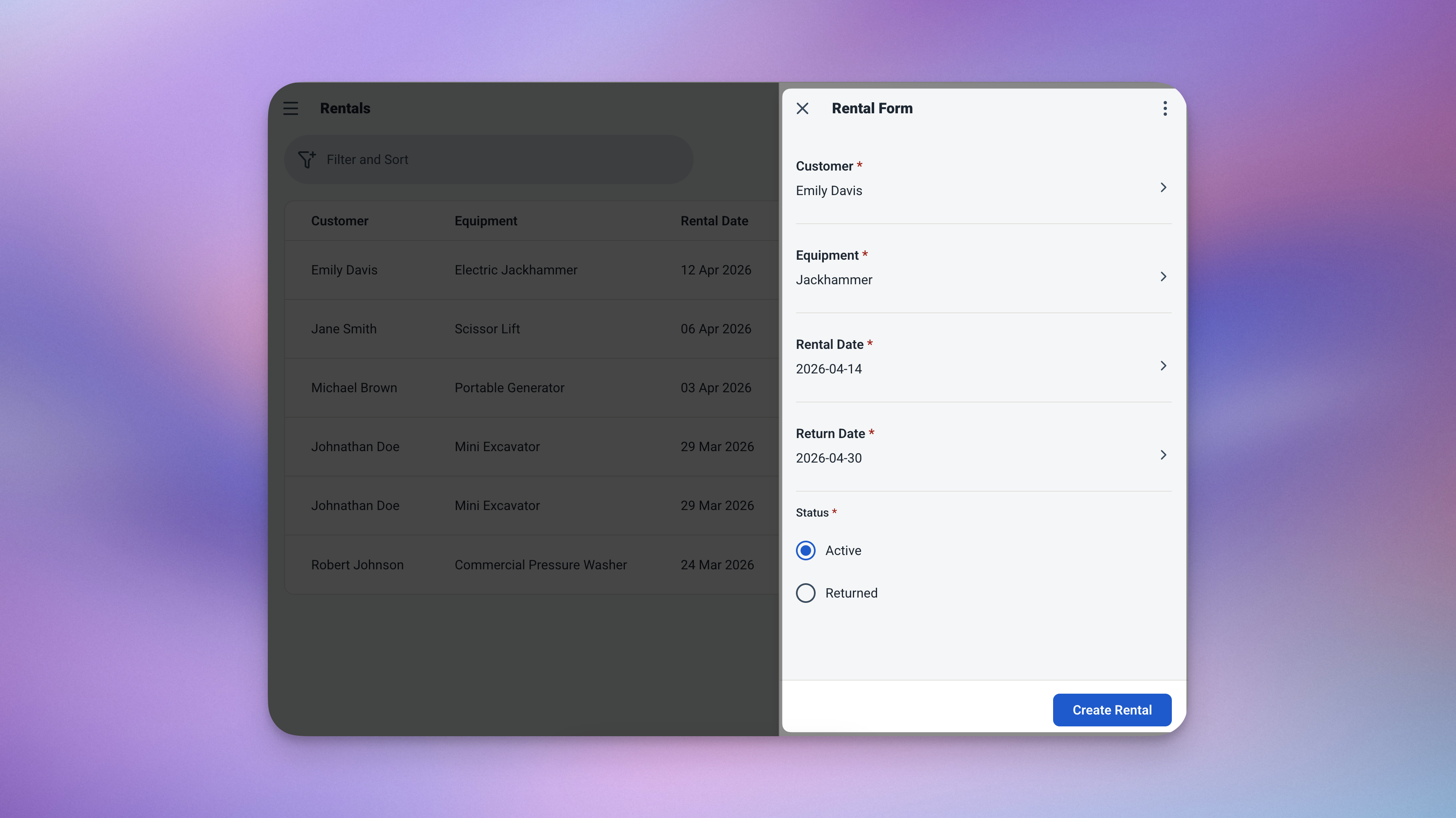 Ambisius rental form with dates entered showing auto-calculated days rented and total cost