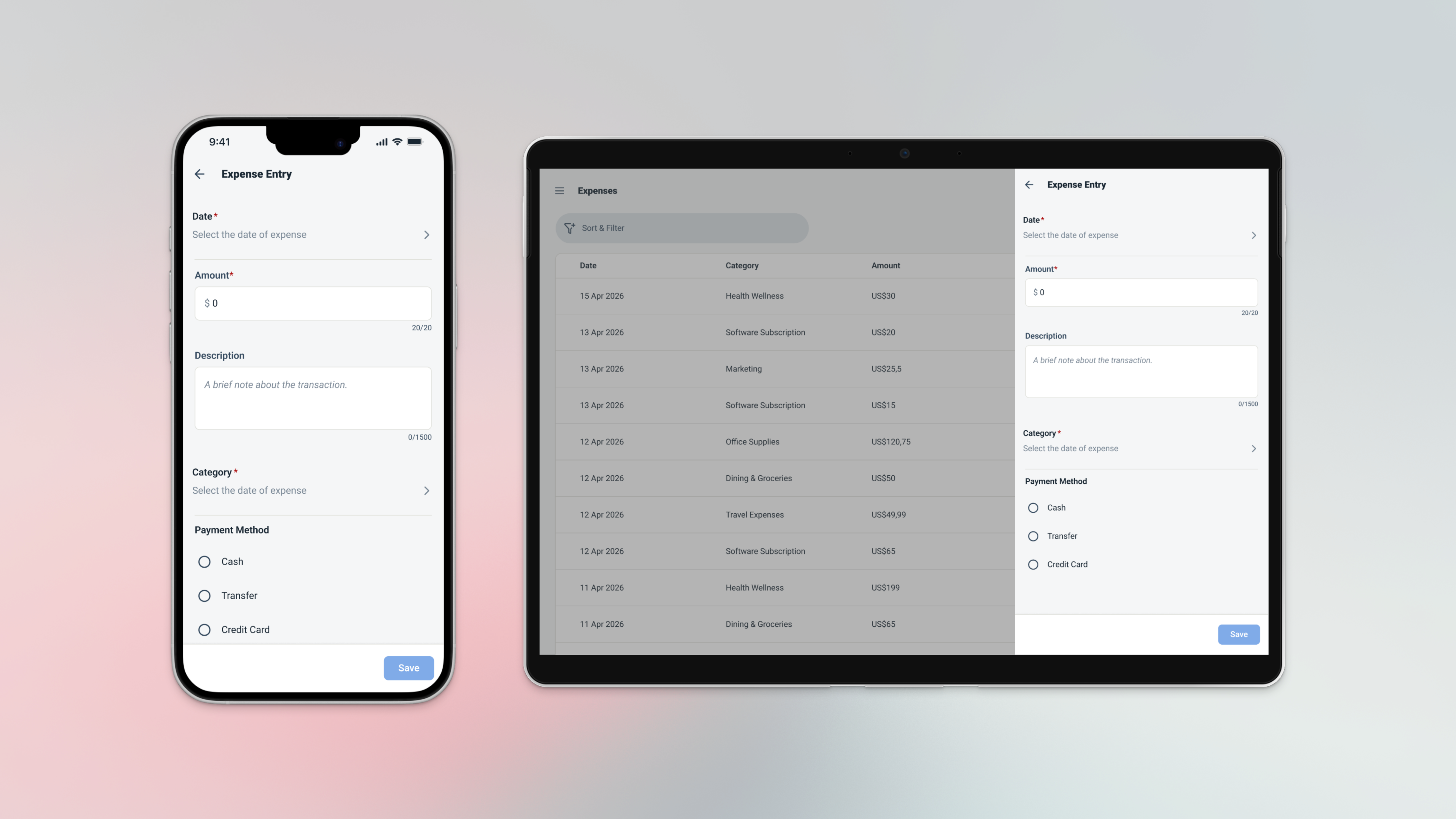 Ambisius Expense Tracker app shown on a phone and desktop side by side, displaying the dashboard with live spending data