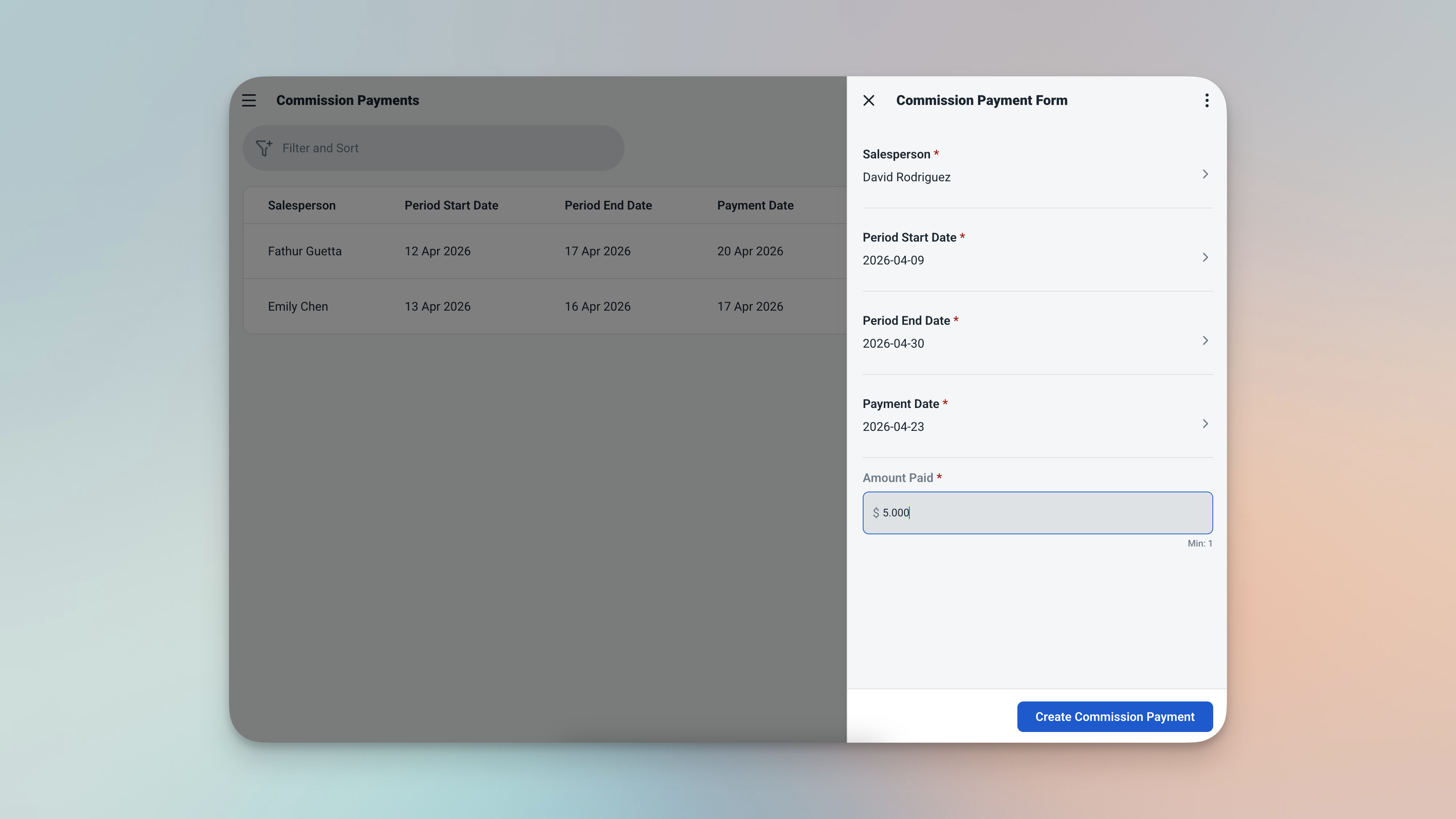 Ambisius Commission Payment record showing period start and end dates with auto-calculated total commission owed