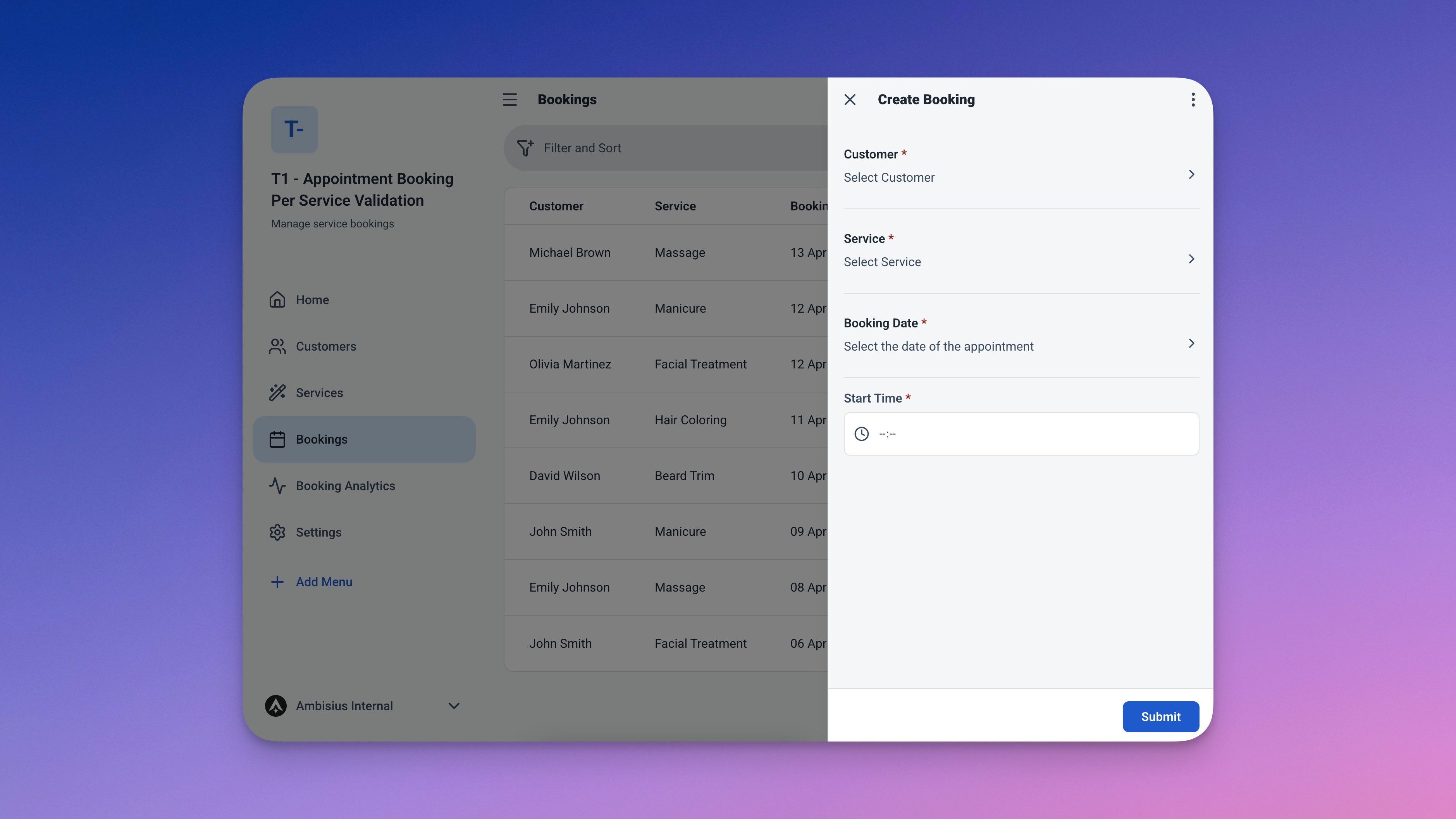 Formulir pemesanan janji temu dengan pelanggan dan layanan yang dipilih, waktu berakhir terisi otomatis
