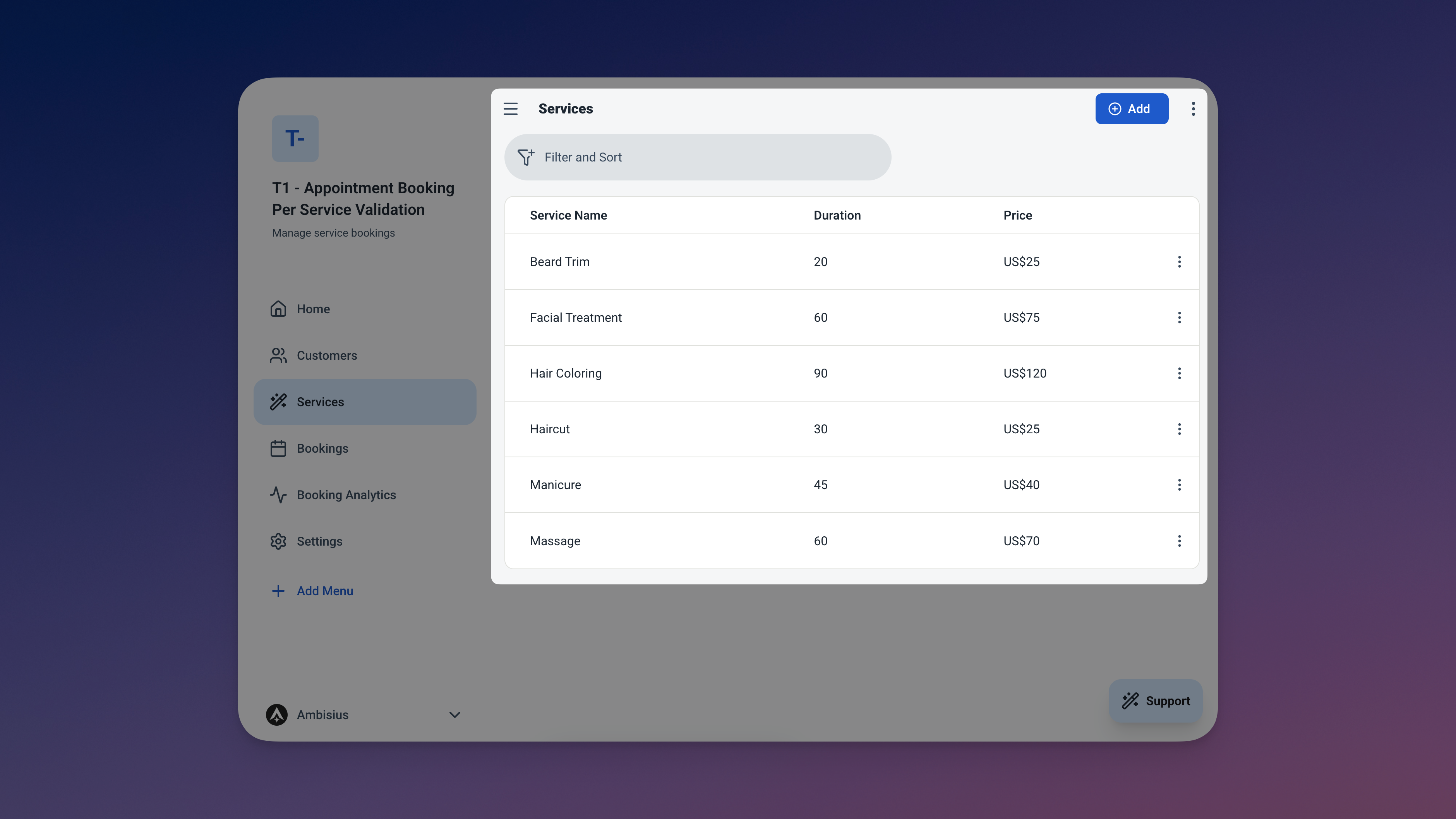 Tabel Layanan di Ambisius menunjukkan contoh baris dengan nama layanan, durasi, dan harga