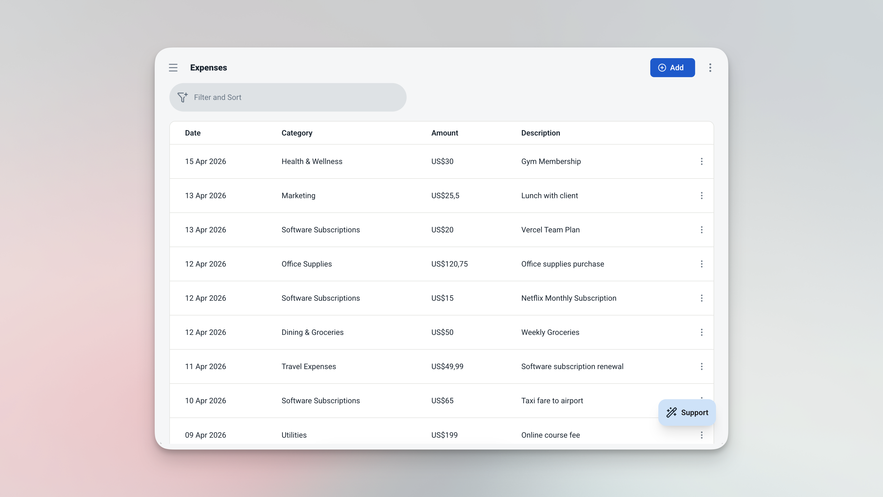 Ambisius Expenses table with sample entries showing dates, linked categories, amounts, and short descriptions
