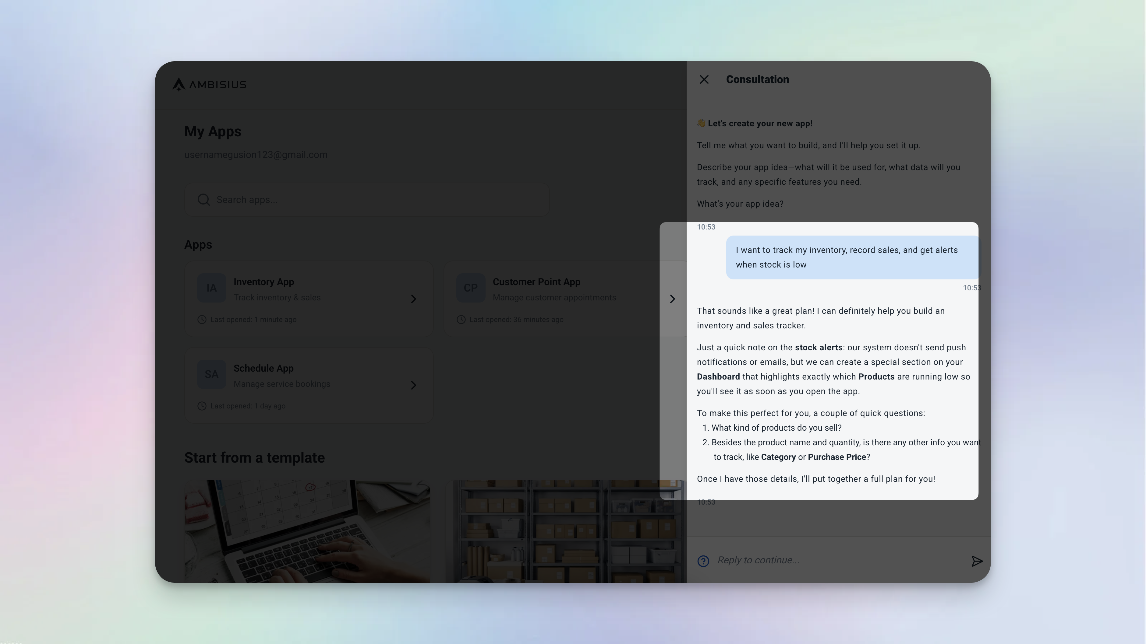 Ambisius AI chat interface where a user describes their business and the app is built automatically