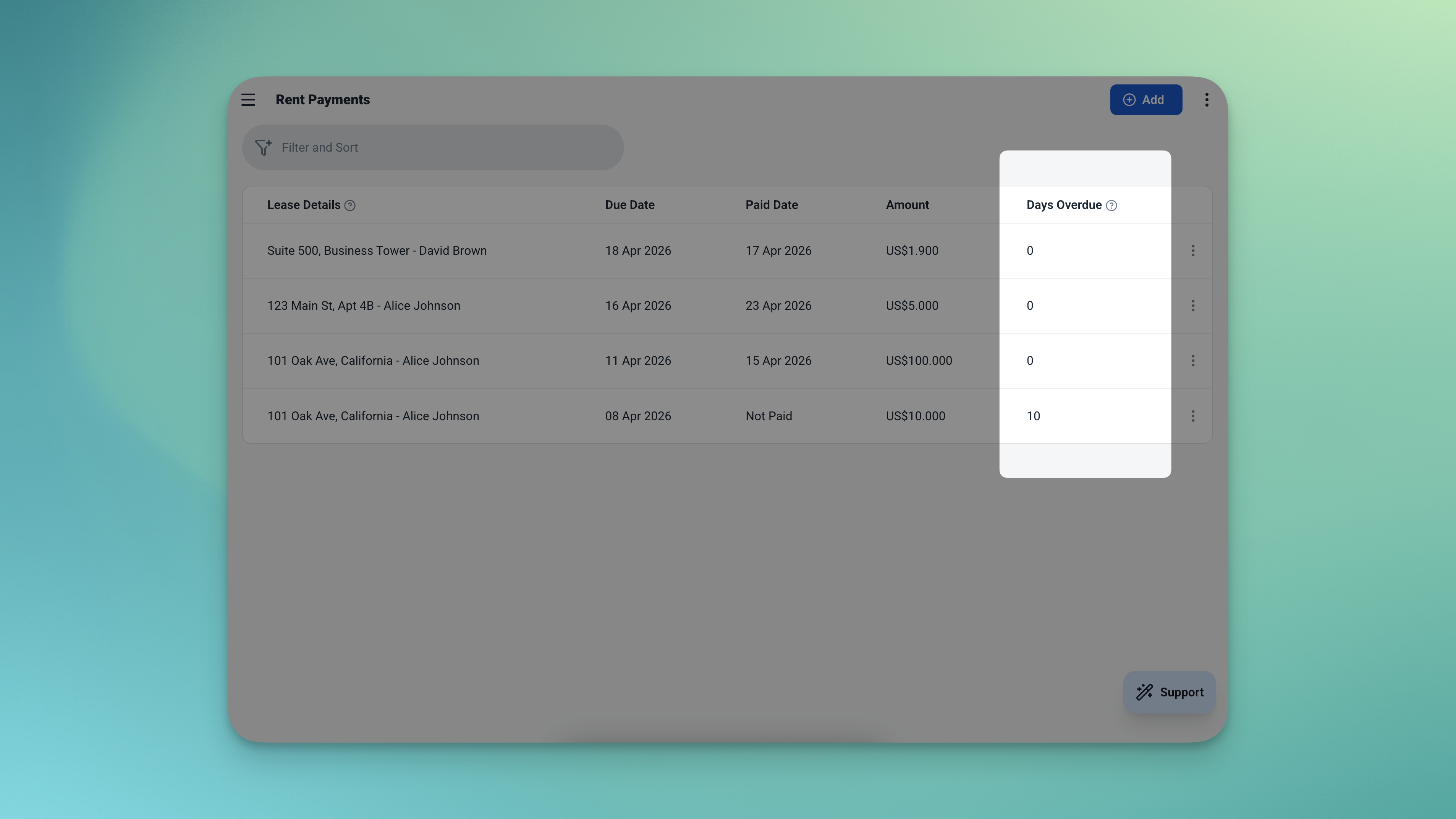 Tabel Pembayaran Sewa Ambisius yang menunjukkan tanggal jatuh tempo, tanggal pembayaran, jumlah, dan hari keterlambatan per catatan pembayaran