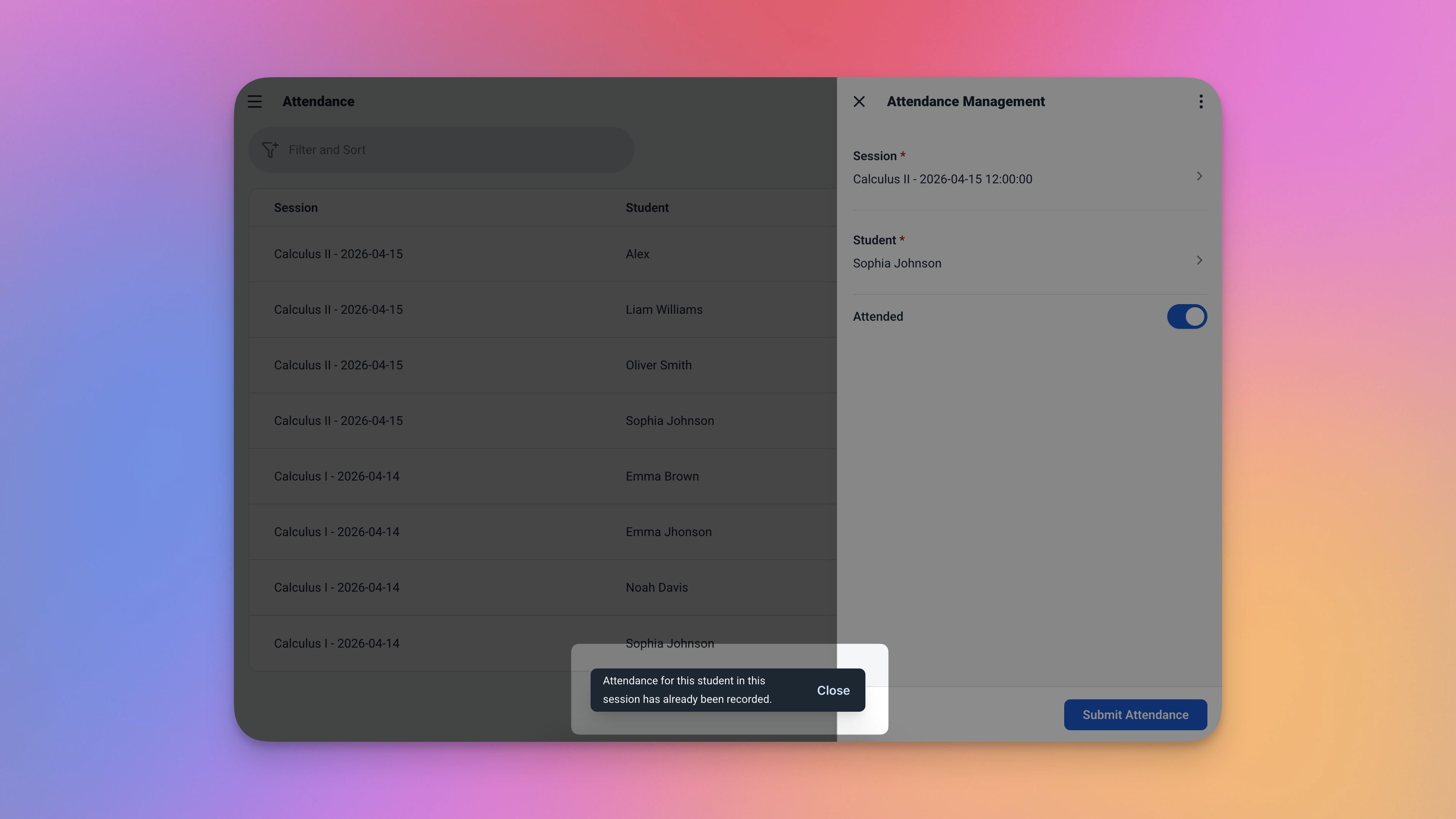 Pesan validasi pendaftaran diblokir saat kursus telah mencapai kapasitas siswa maksimum