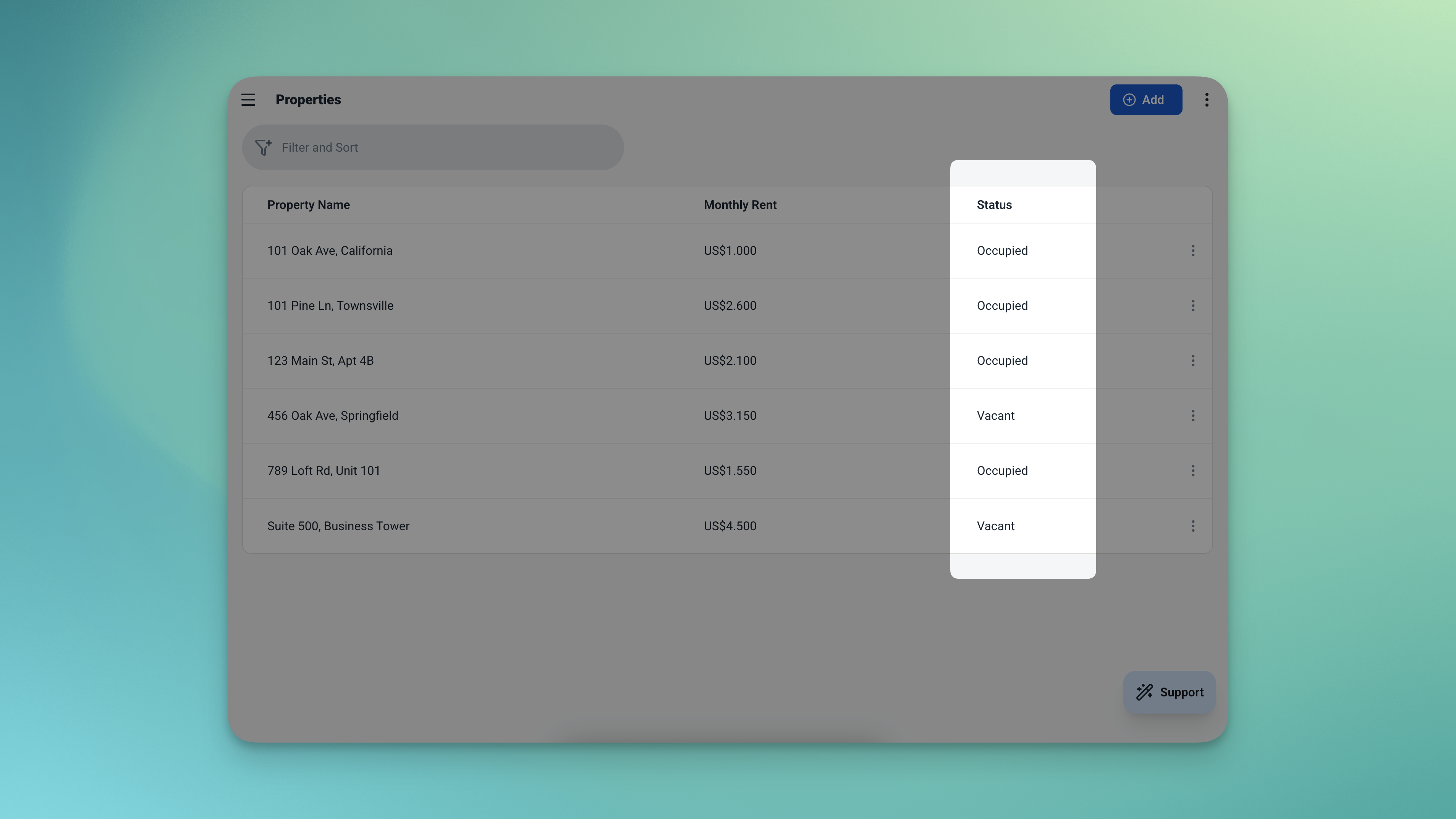Tabel Properti Ambisius yang menunjukkan baris sampel dengan nama properti, sewa bulanan, dan status Kosong atau Ditempati