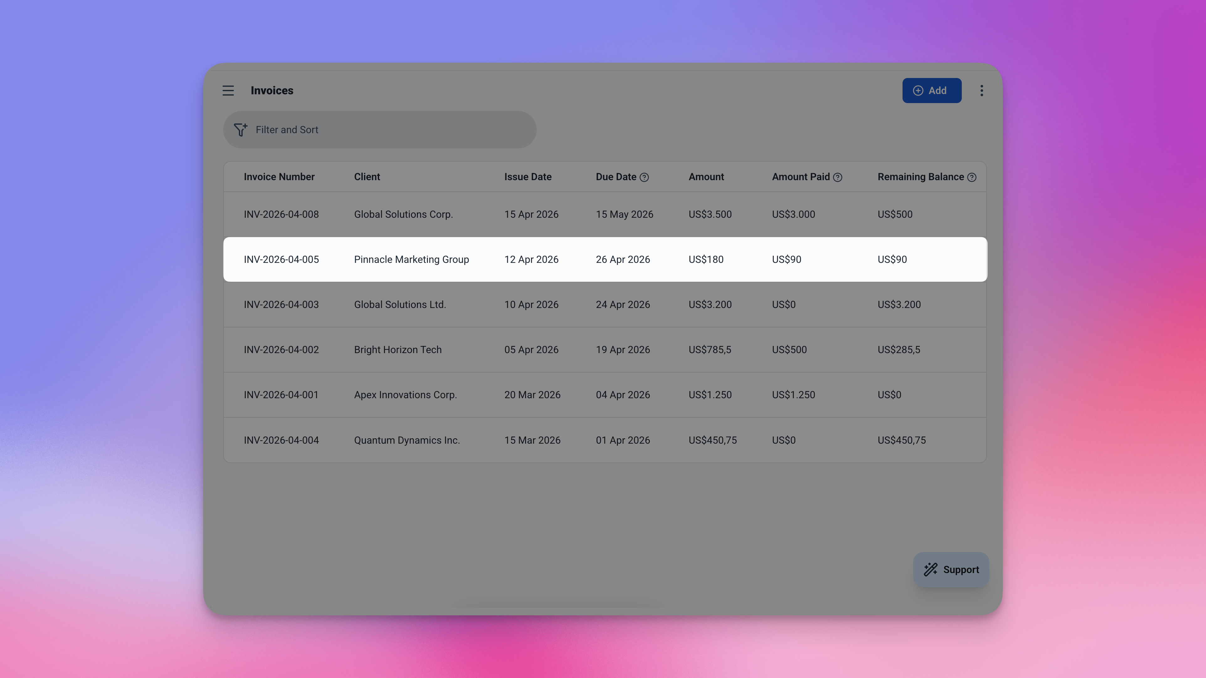 Catatan klien di Ambisius menunjukkan total faktur $4,500, total dibayar $2,000, dan saldo terutang $2,500 dihitung secara otomatis