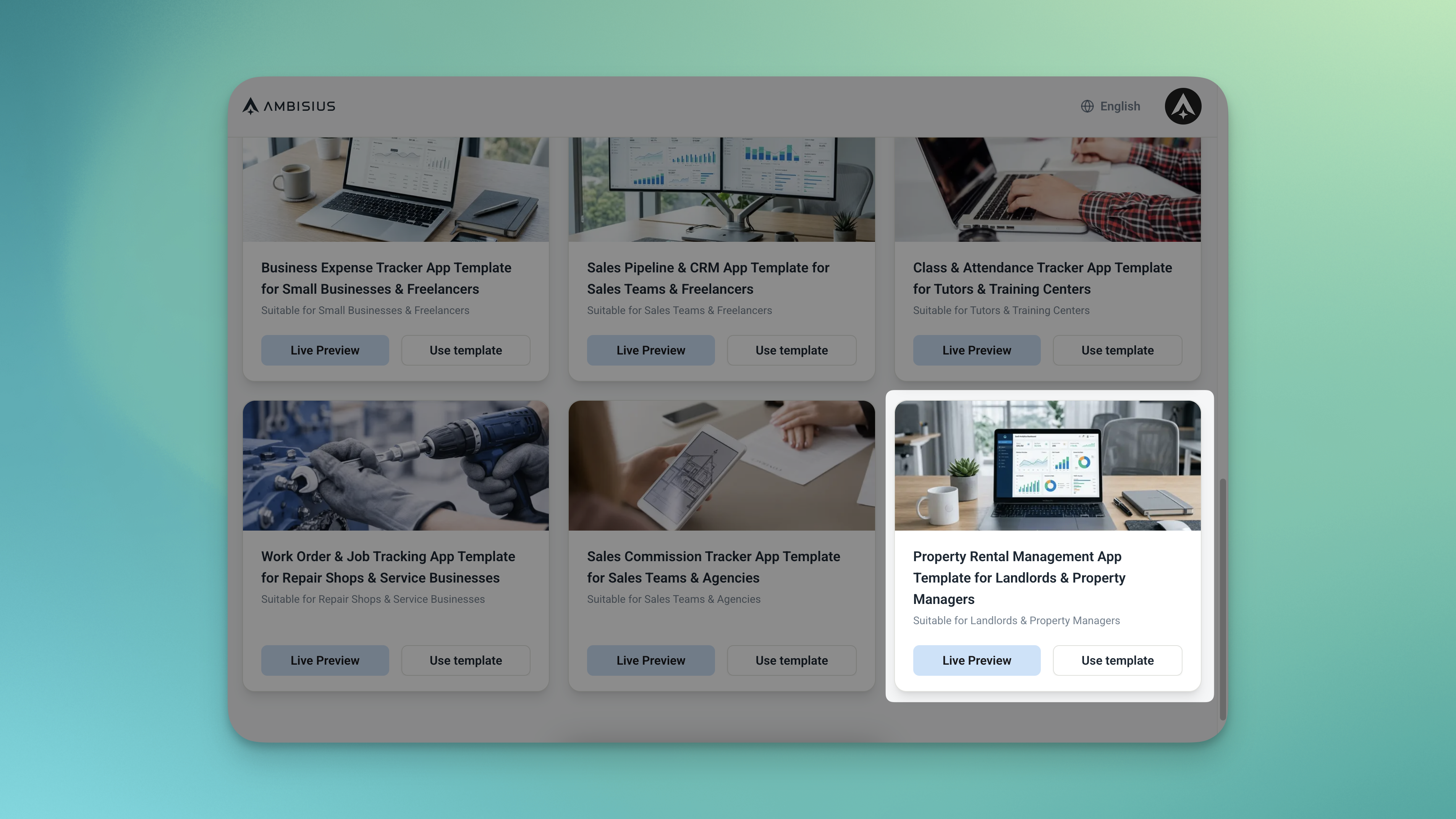 Katalog template Ambisius yang menunjukkan kartu template Manajemen Sewa Properti siap diduplikasi