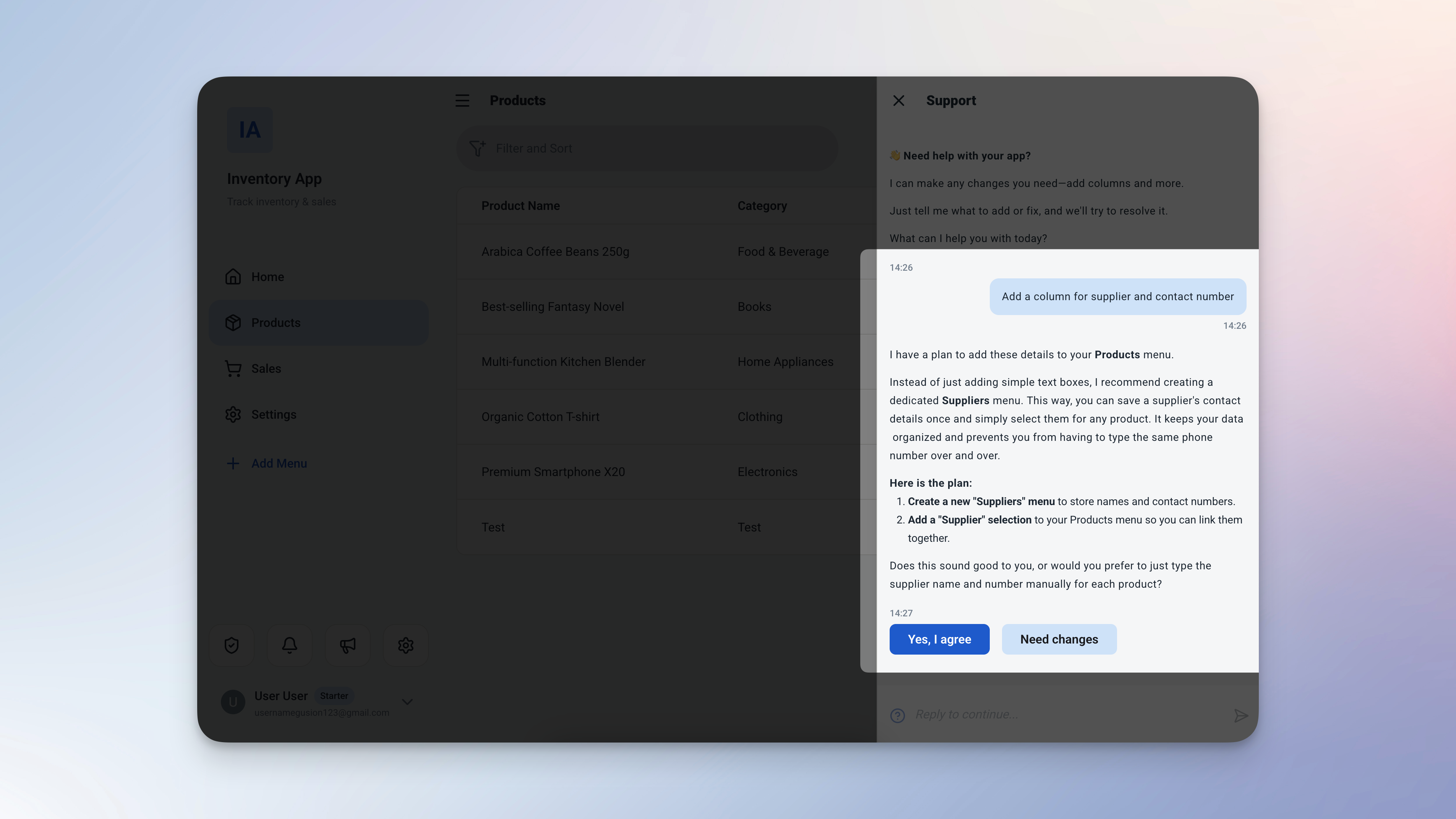 Ambisius chat interface showing customization requests being typed and changes applied instantly to the app