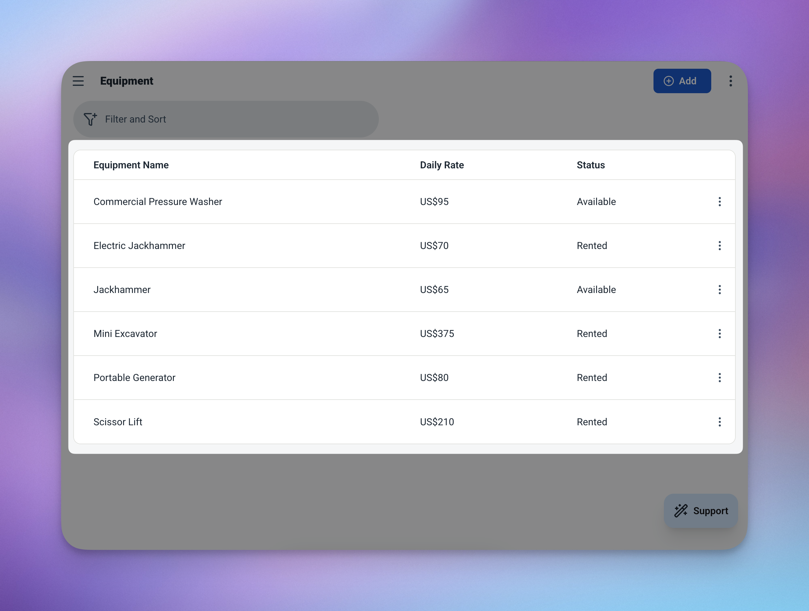 Equipment table in Ambisius showing a mix of Available and Rented statuses across multiple items
